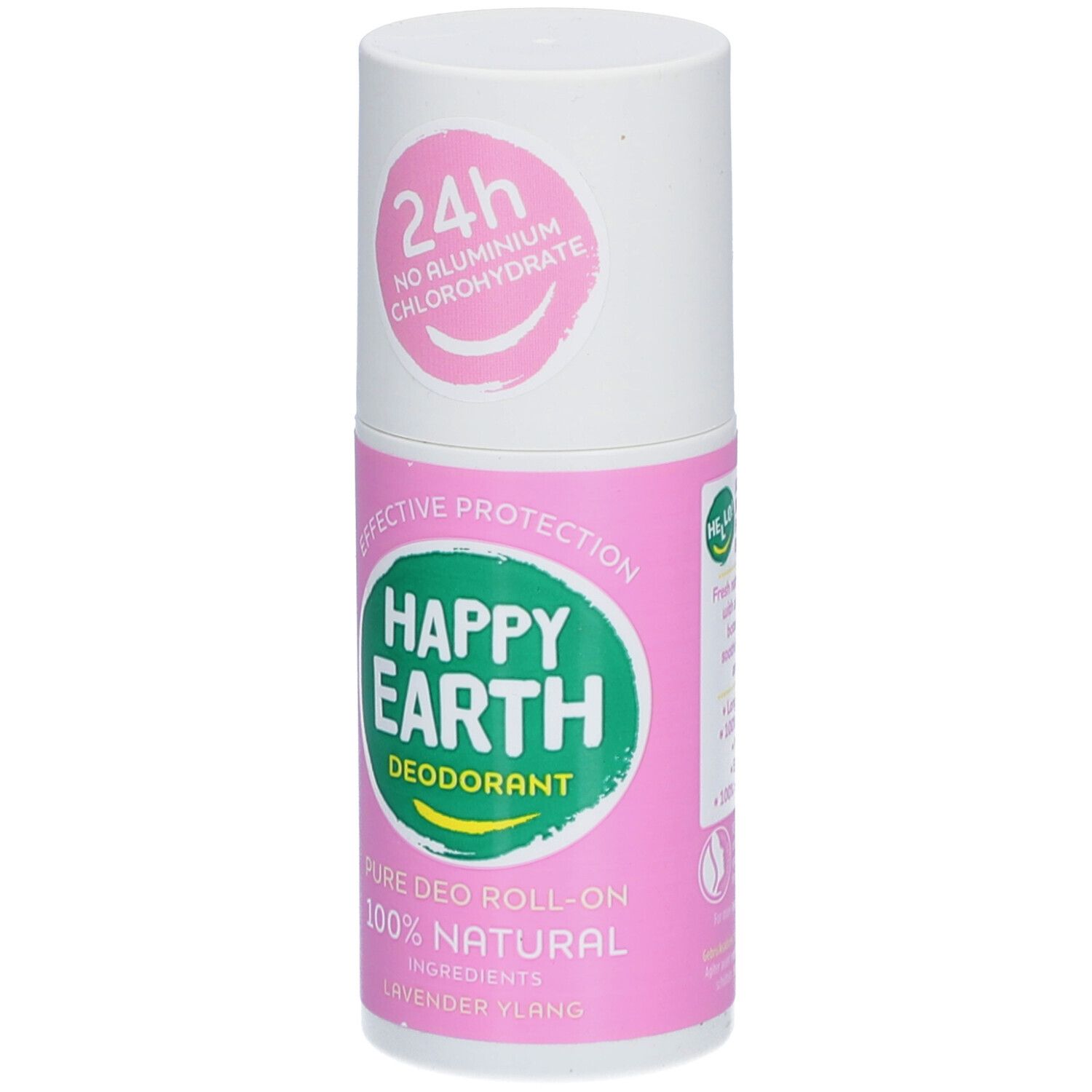 Roll-on déodorant. Couvercle blanc, corps rose. Inscription: Happy Earth, Déodorant, 100% naturel, Lavande & Ylang.