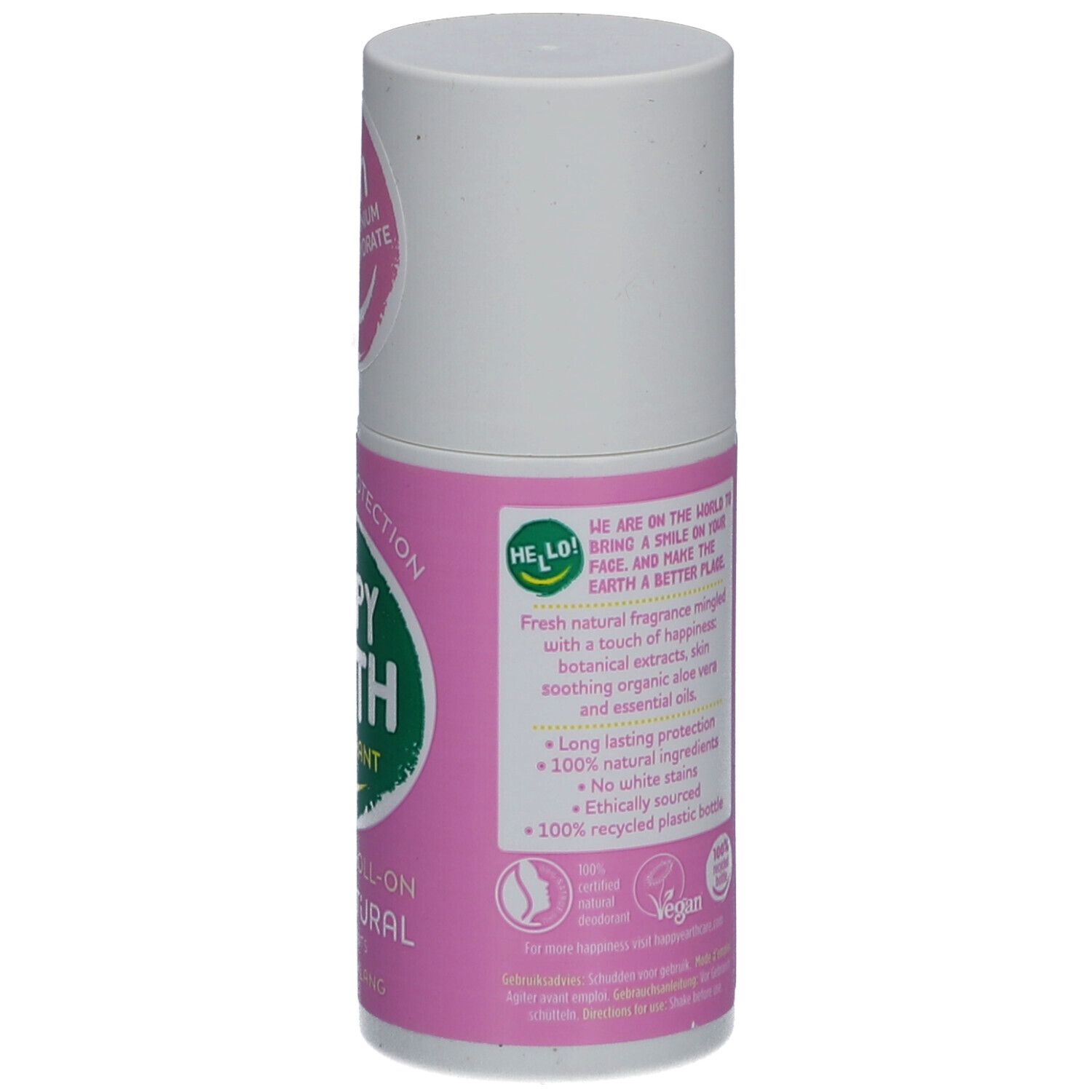 Roll-on déodorant. Dos. Étiquette rose avec texte. Logo vegan. Bouteille en plastique 100% recyclée.