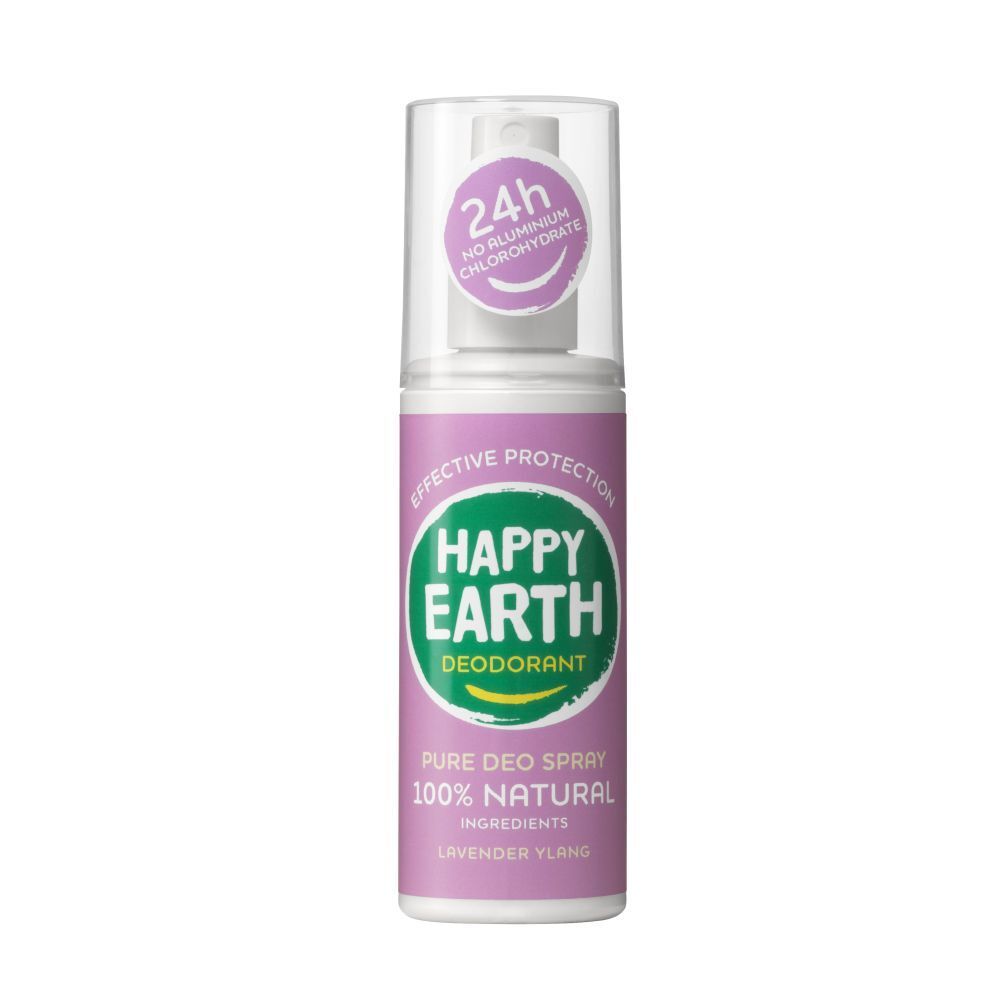 Spray déodorant Happy Earth. Tête blanche, flacon rose. Texte: 24h, sans chlorhydrate d'aluminium, 100% naturel.