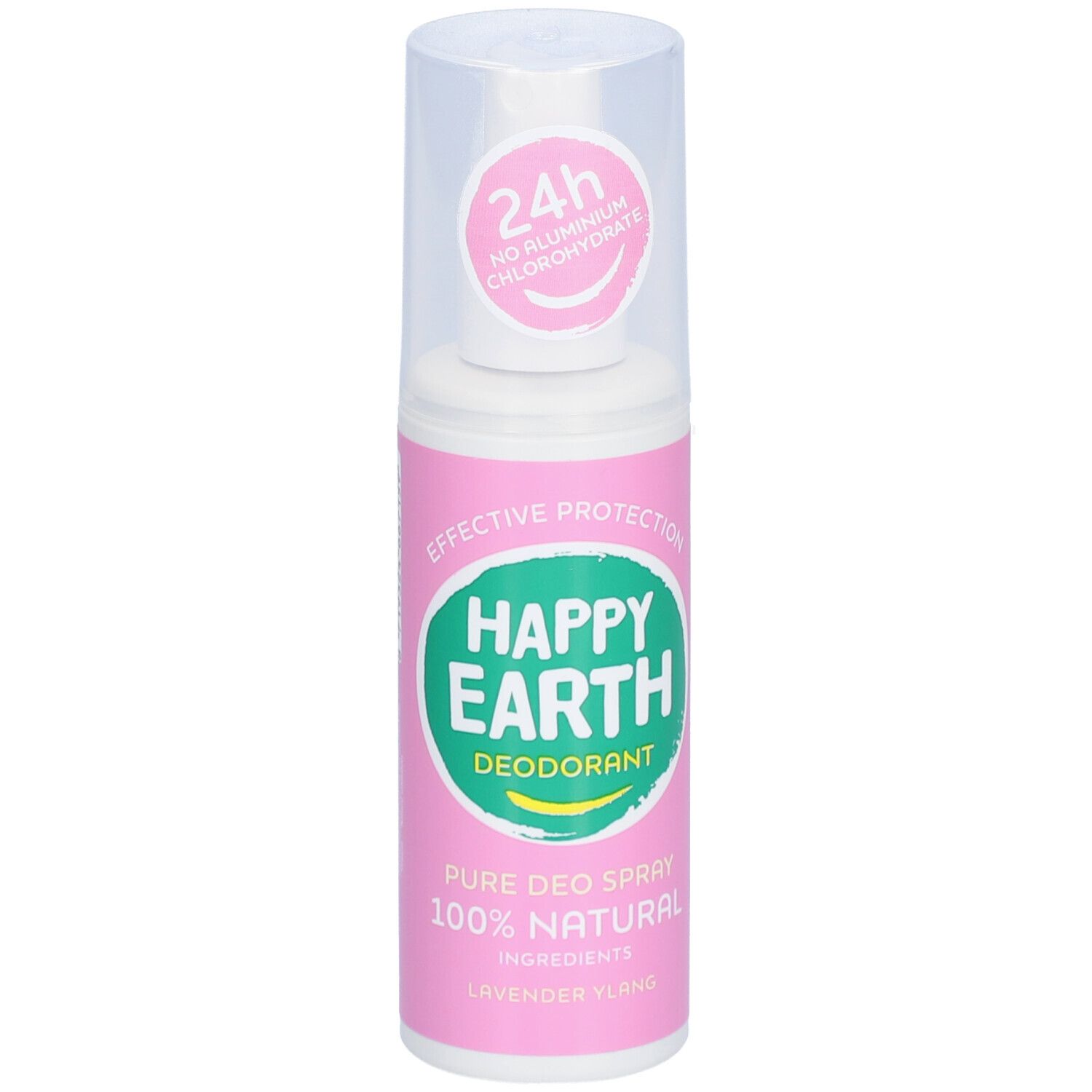 Spray déodorant Happy Earth. Tête blanche, flacon rose. Texte: 24h, sans chlorhydrate d'aluminium.