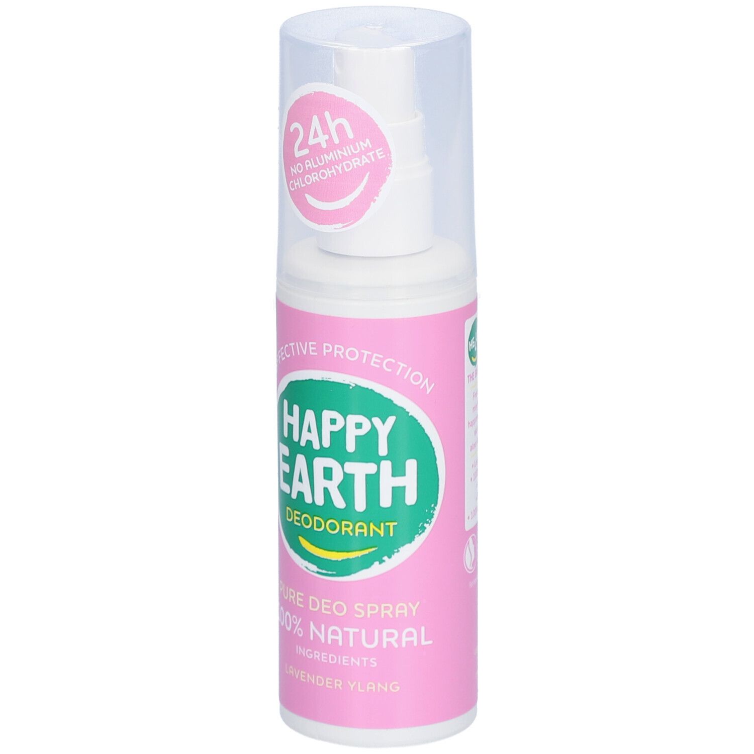 Spray déodorant Happy Earth. Tête blanche, flacon rose. Texte: 24h, sans chlorhydrate d'aluminium.
