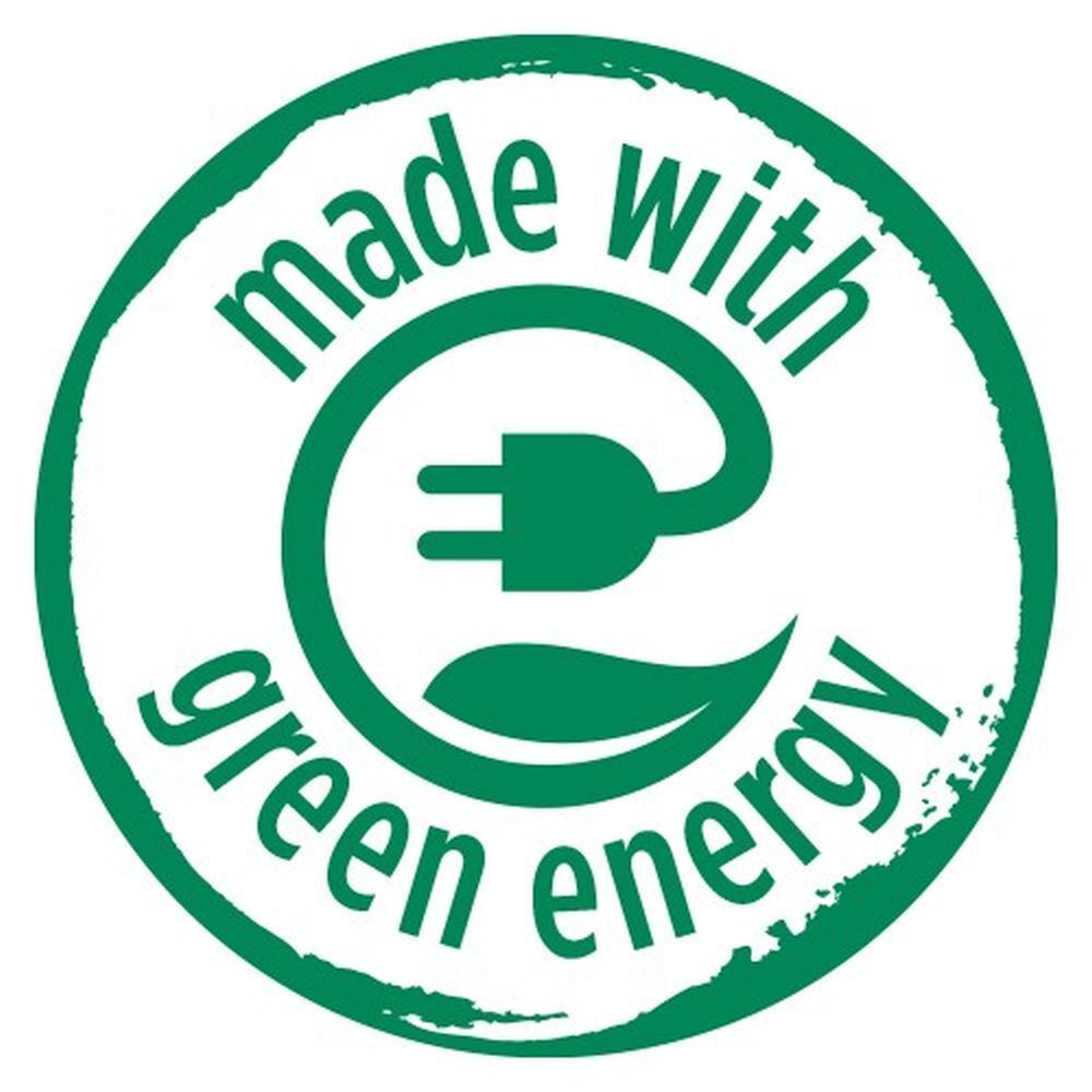 Logo vert avec texte: fabriqué avec de l'énergie verte. Symbole de prise.