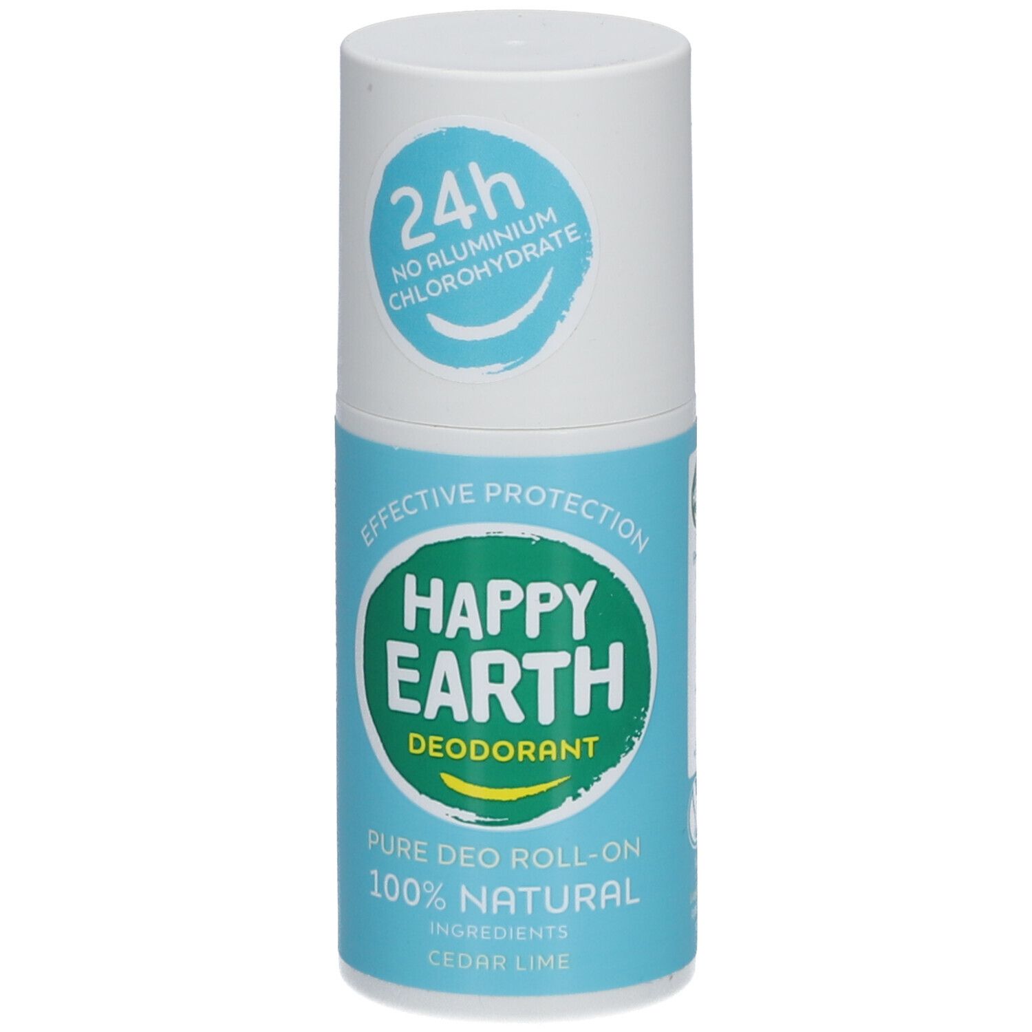 Roll-on déodorant. Couvercle blanc, étiquettes bleues et vertes. Texte: Happy Earth, 100% naturel, Cèdre & Citron vert. Protection 24h.