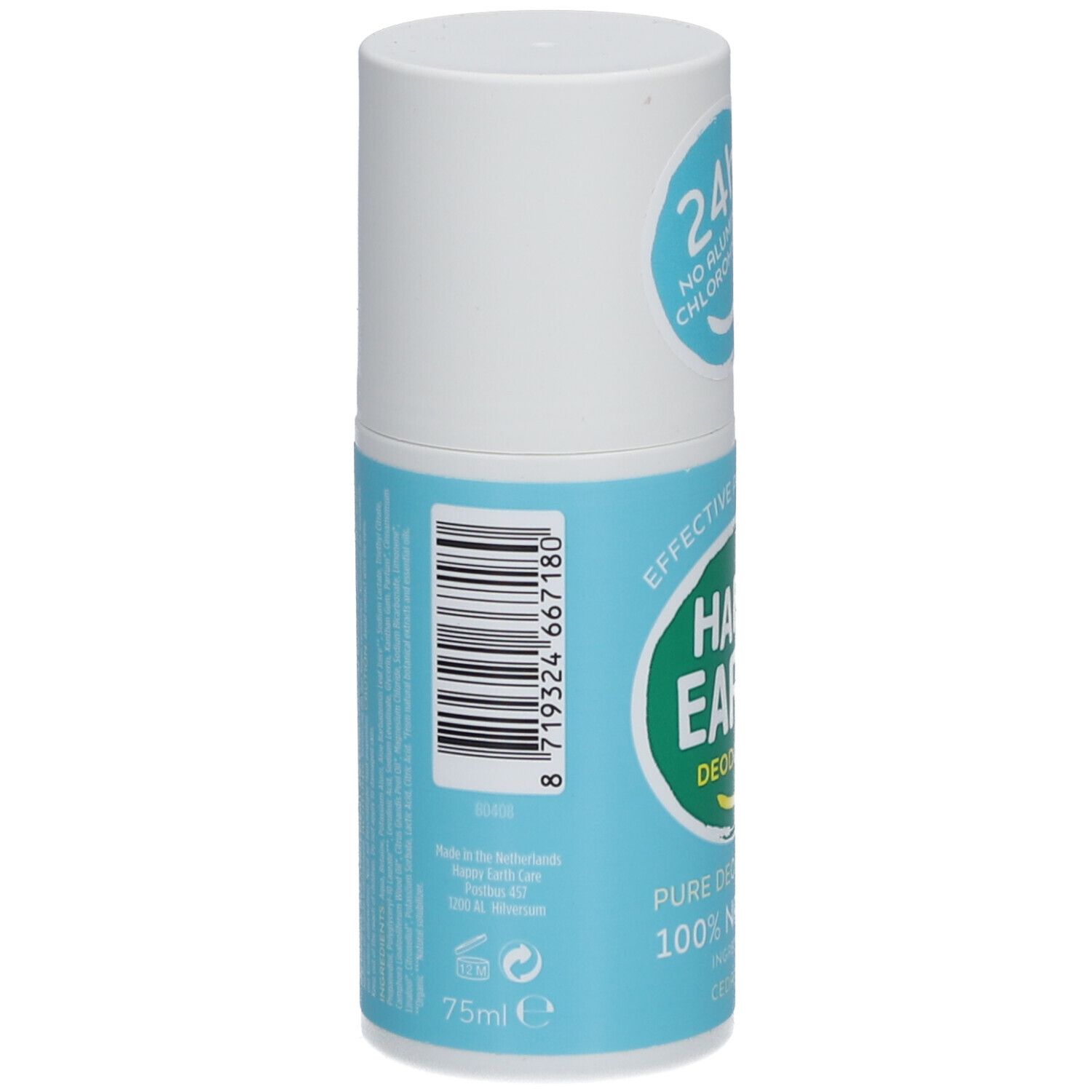 Roll-on déodorant. Dos. Texte: Happy Earth, ingrédients, 75ml, code-barres.