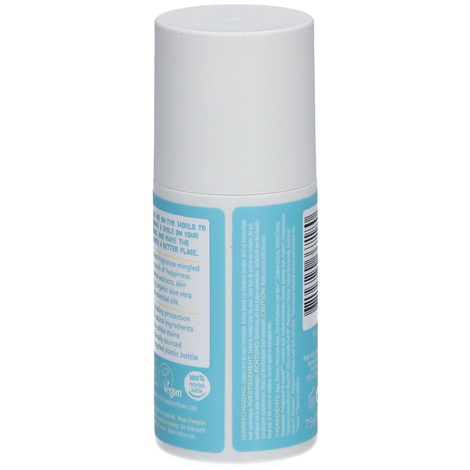 Roll-on déodorant. Dos. Texte: Happy Earth, ingrédients, 75ml, logo vegan, bouteille recyclée.