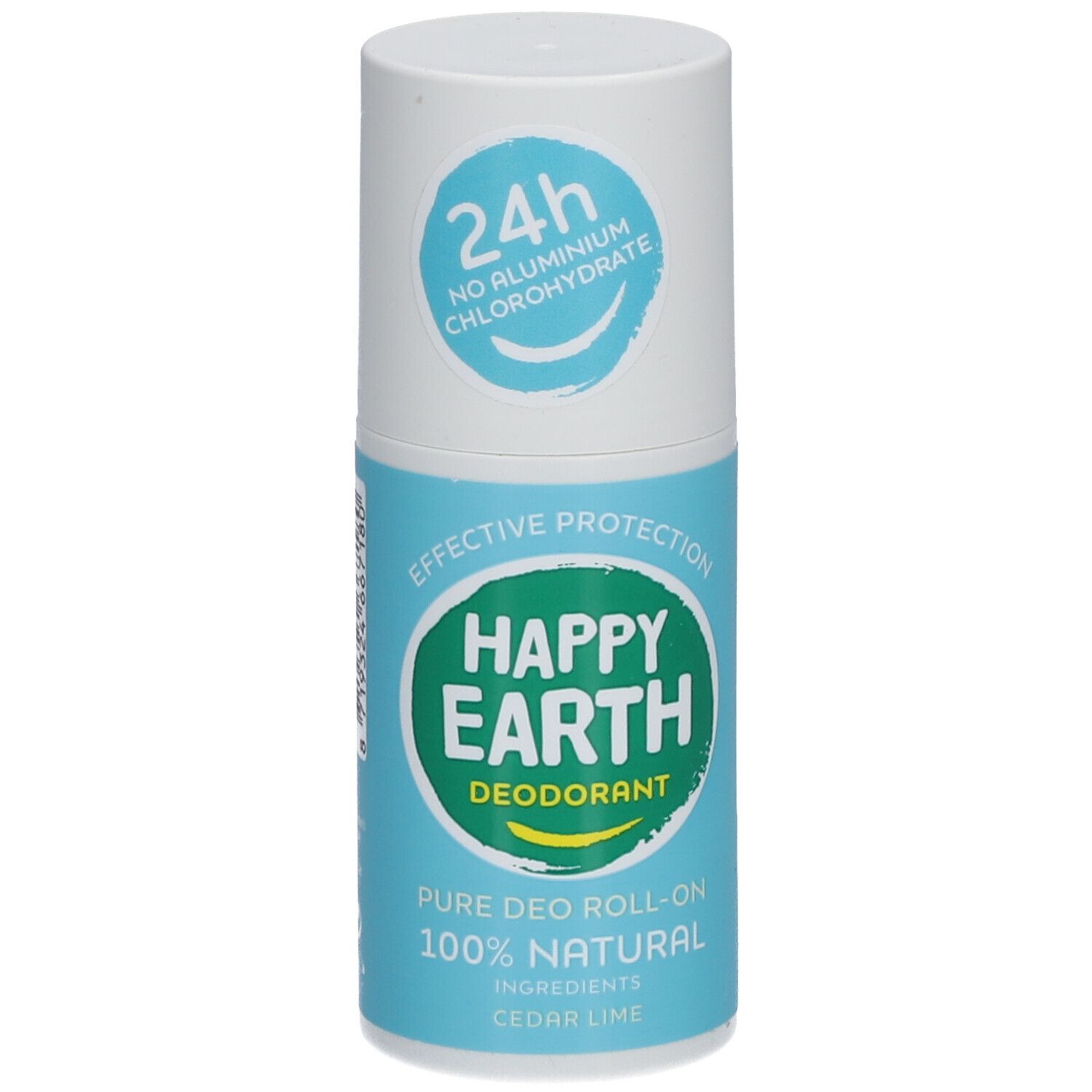 Roll-on déodorant. Couvercle blanc, étiquettes bleues et vertes. Texte: Happy Earth, 100% naturel, Cèdre & Citron vert. Protection 24h.