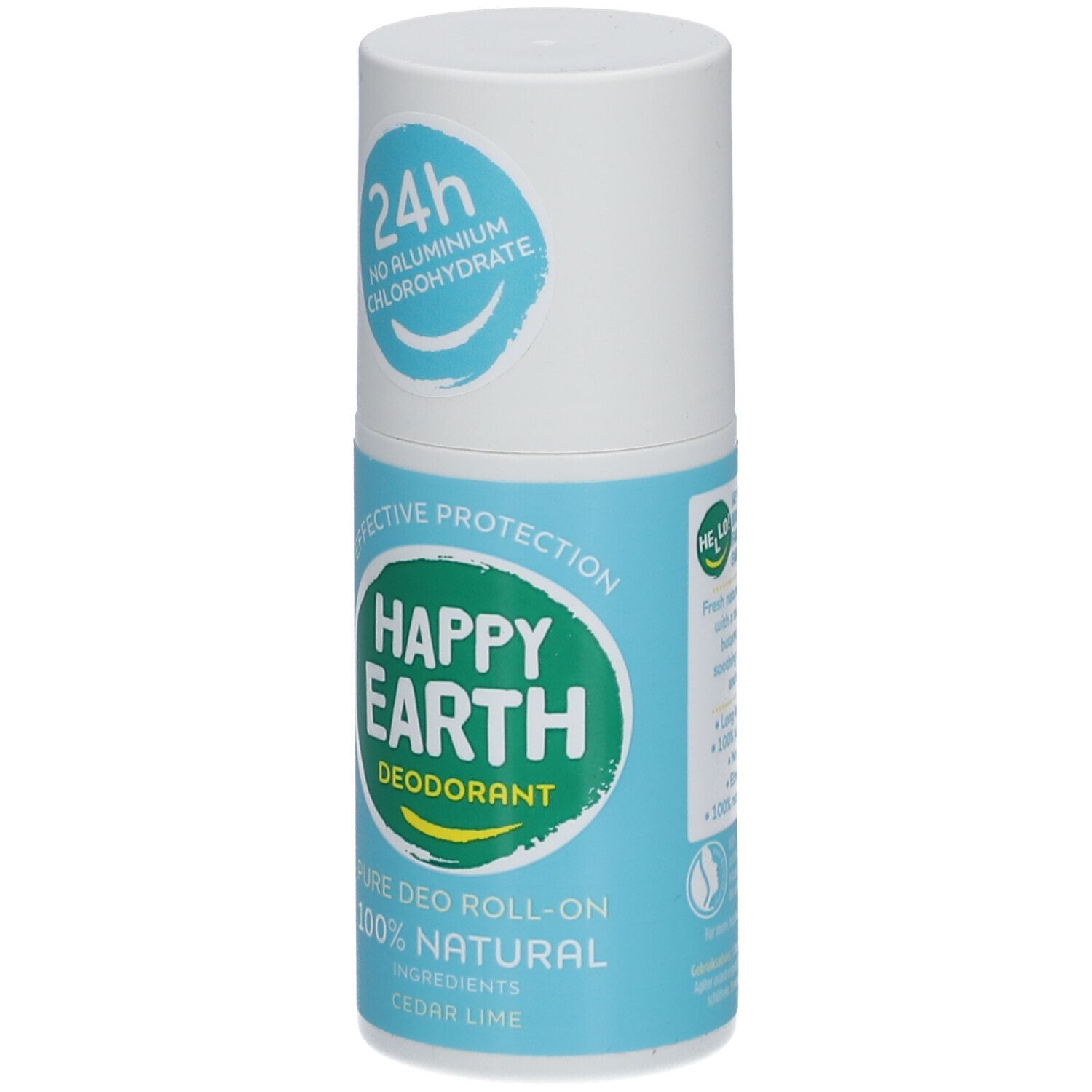 Roll-on déodorant. Couvercle blanc, étiquettes bleues et vertes. Texte: Happy Earth, 100% naturel, Cèdre & Citron vert. Protection 24h.