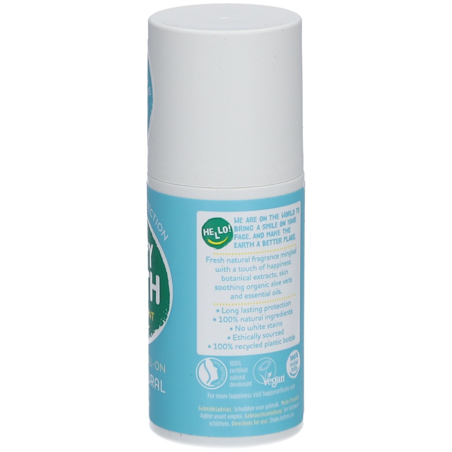 Roll-on déodorant. Dos. Texte: Happy Earth, ingrédients, logo vegan, bouteille recyclée.