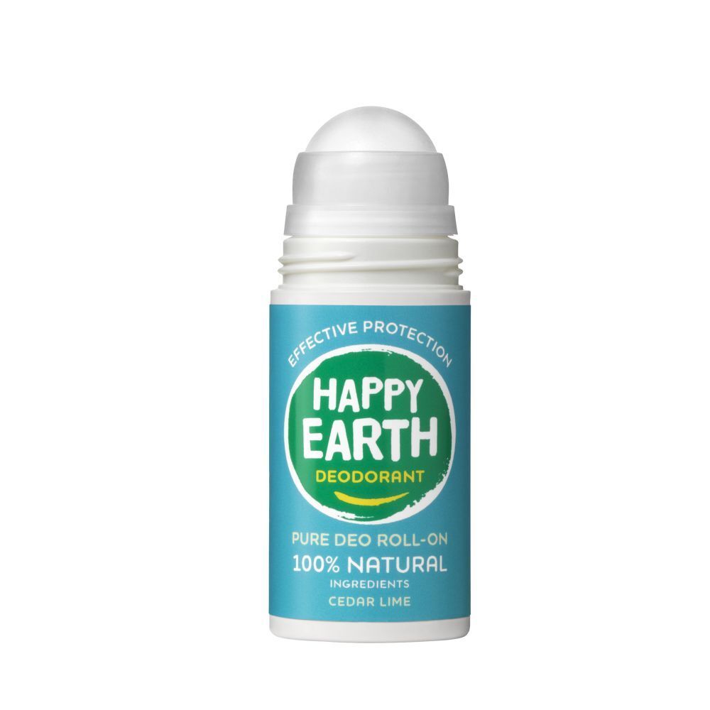 Roll-on déodorant. Tête roll-on blanche, étiquettes bleues et vertes. Texte: Happy Earth, 100% naturel, Cèdre & Citron vert. 24h.