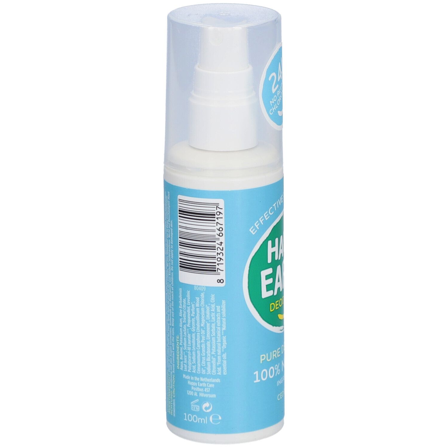 Dos de la bouteille de spray déodorant. Texte et code-barres. 100 ml.
