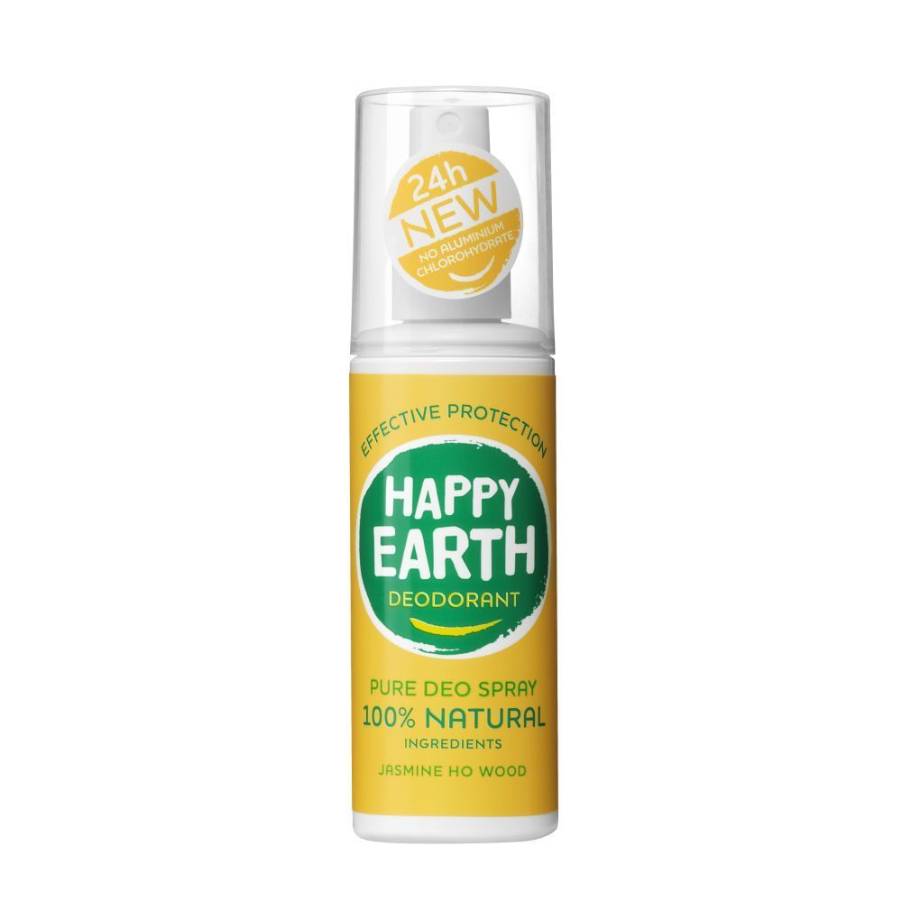 Spray déodorant Happy Earth. Bouteille jaune avec étiquette verte. Protection 24h, sans chlorhydrate d'aluminium.