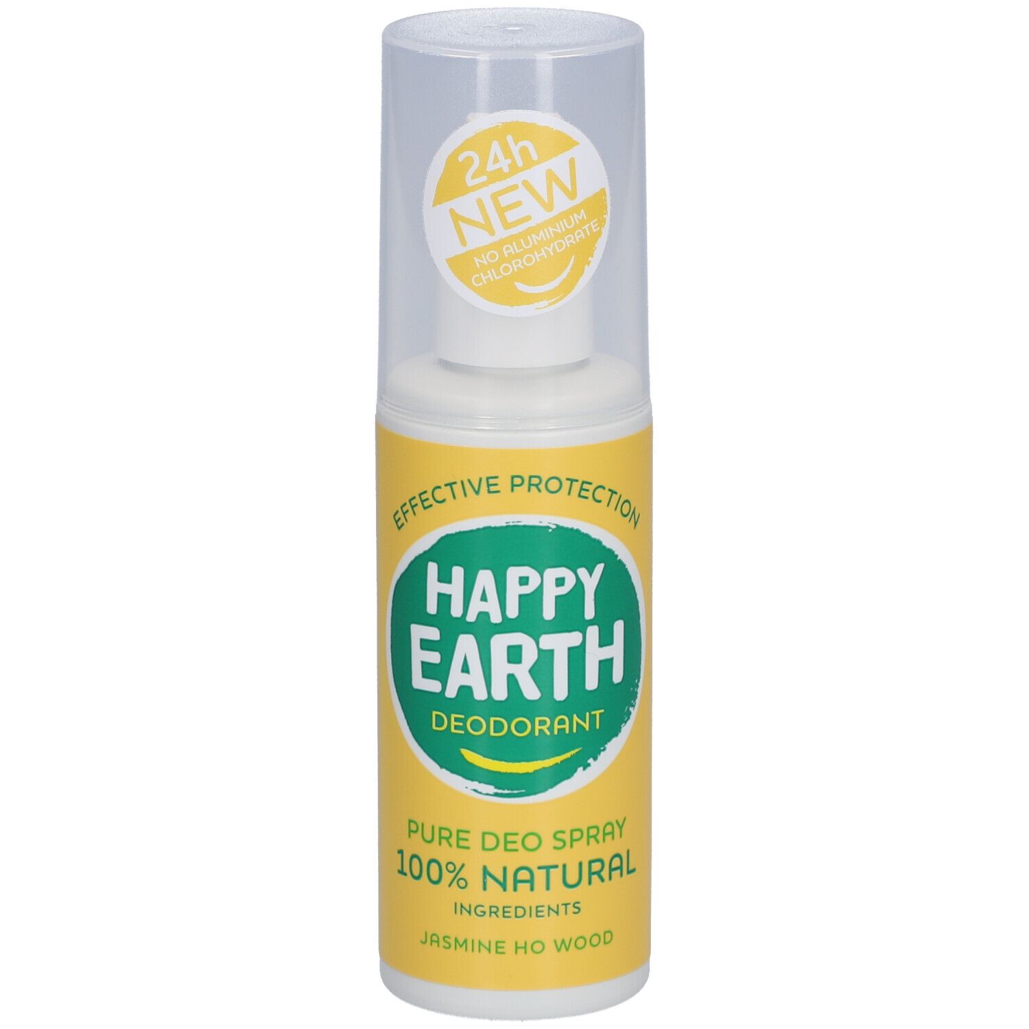 Spray déodorant Happy Earth. Bouteille jaune avec couvercle blanc. Protection 24h, sans chlorhydrate d'aluminium.