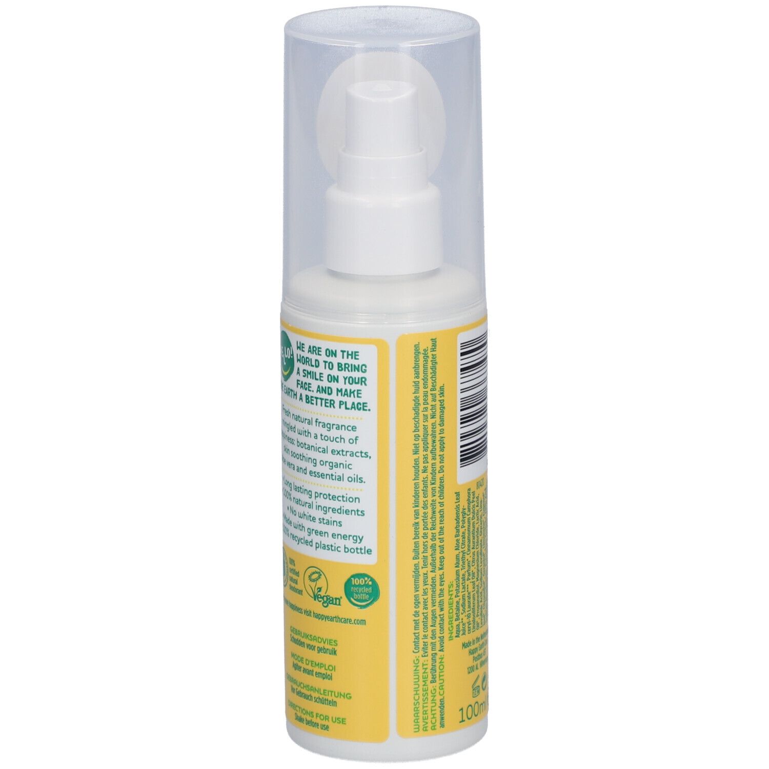 Dos de la bouteille de spray déodorant. Fond jaune avec texte et informations.