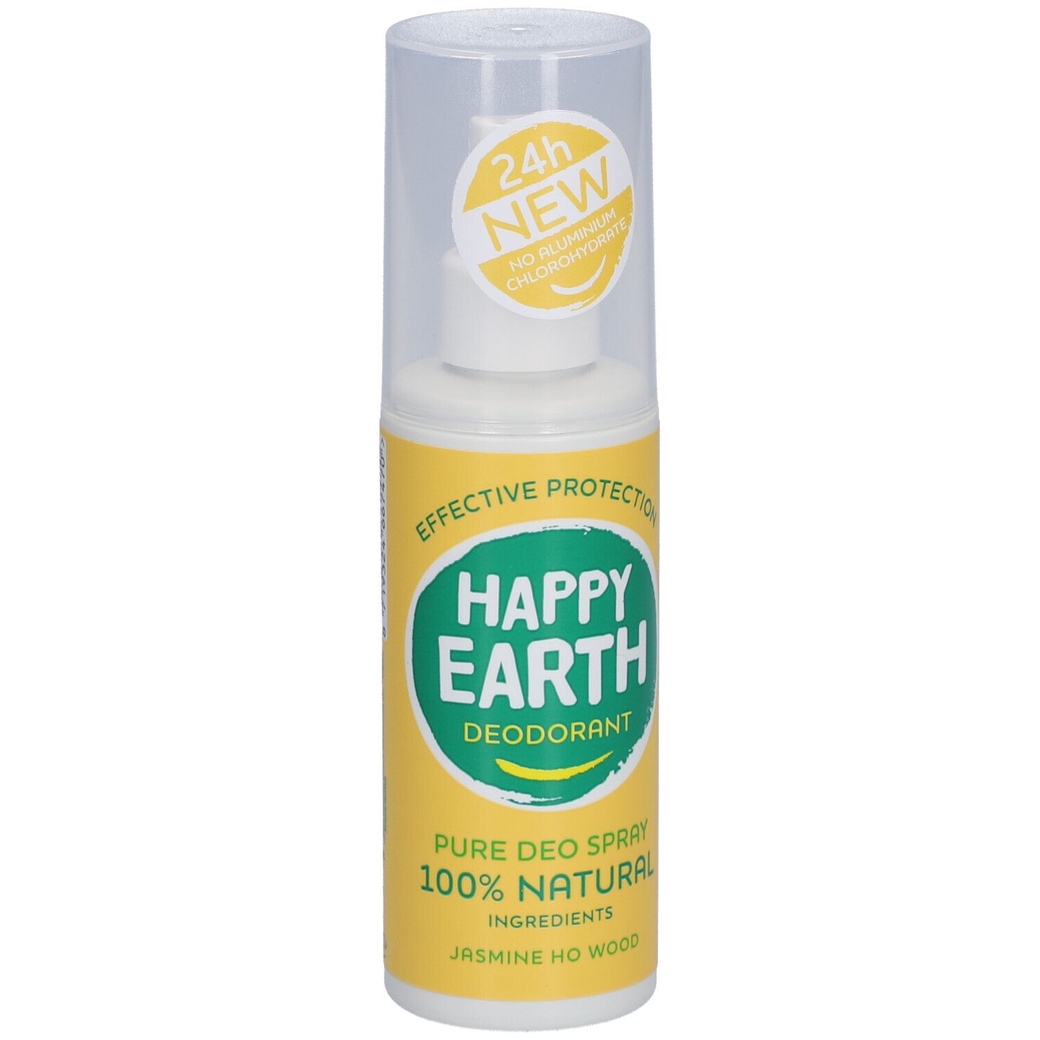 Spray déodorant Happy Earth. Bouteille jaune avec couvercle blanc. Protection 24h, sans chlorhydrate d'aluminium.