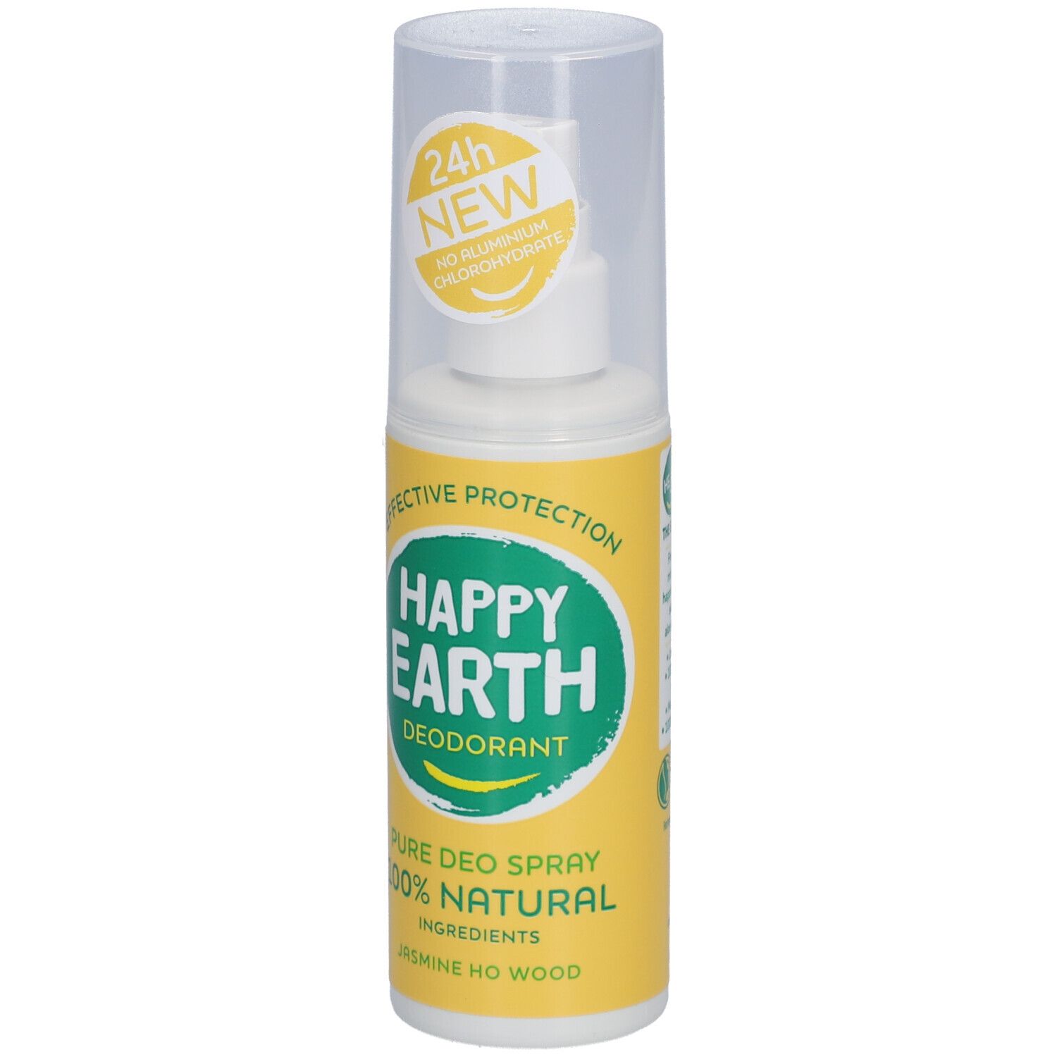 Spray déodorant Happy Earth. Bouteille jaune avec couvercle blanc. Protection 24h, sans chlorhydrate d'aluminium.