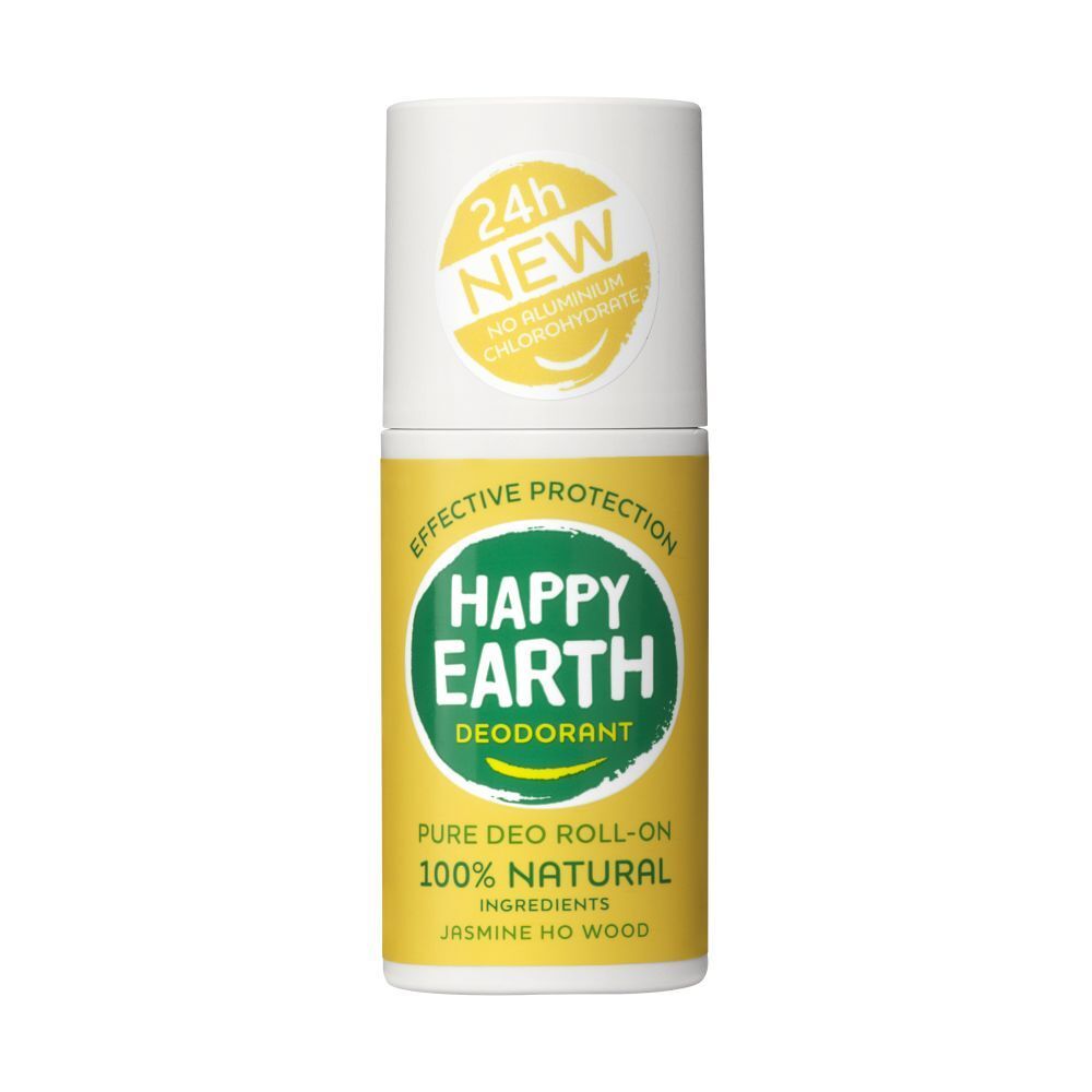 Roll-on déodorant. Bouchon blanc, contenant jaune. Inscription: Happy Earth, Déodorant, 100% naturel. Jasmin & Ho-Holz.