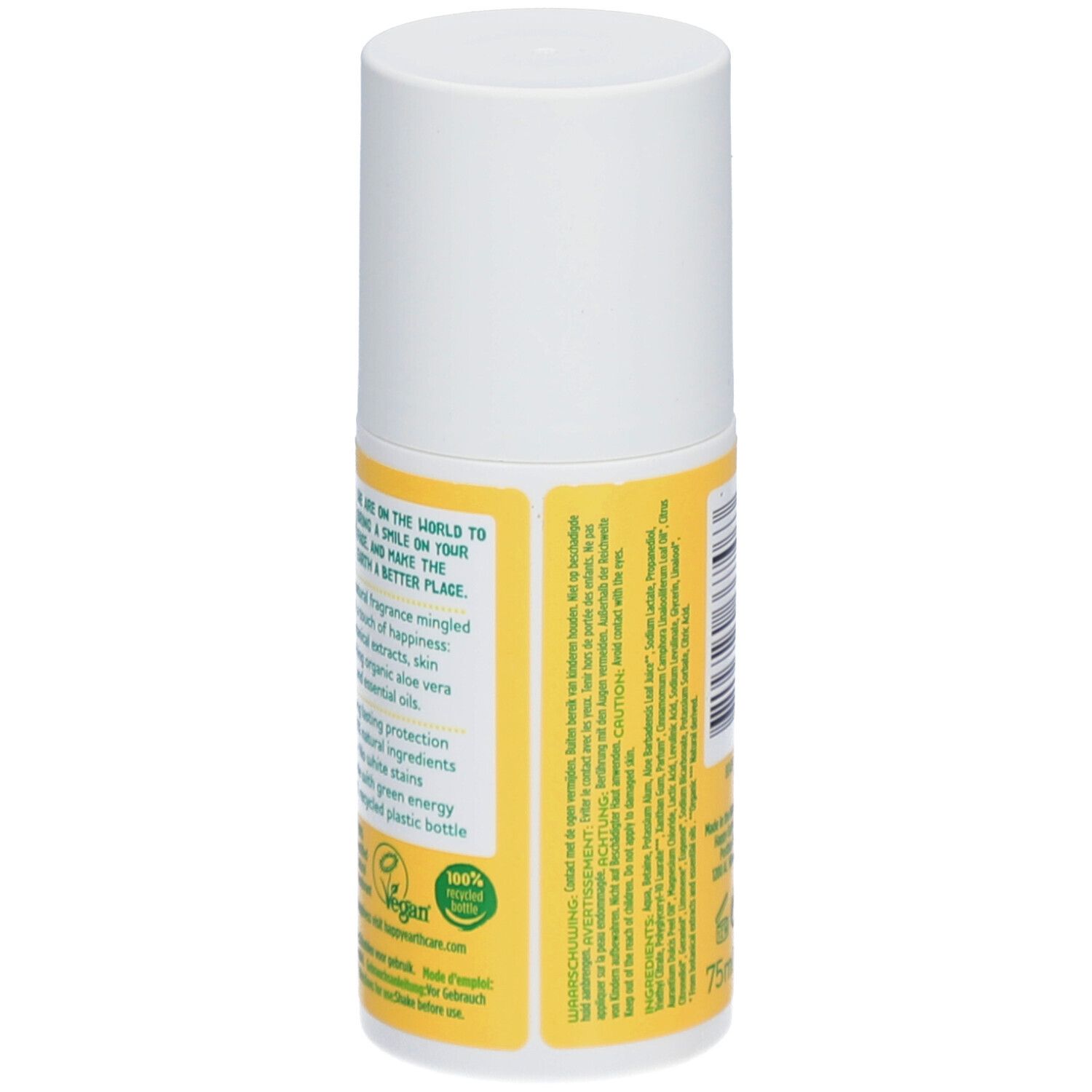 Roll-on déodorant. Dos. Texte sur le produit. Inscription: 75ml. Logo vegan. Bouteille 100% recyclée.