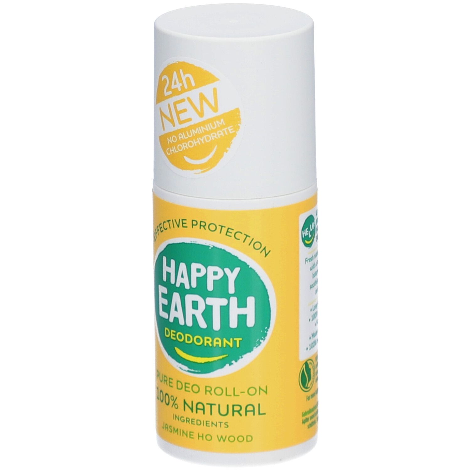Roll-on déodorant. Bouchon blanc, contenant jaune. Inscription: Happy Earth, Déodorant, 100% naturel. Jasmin & Ho-Holz.