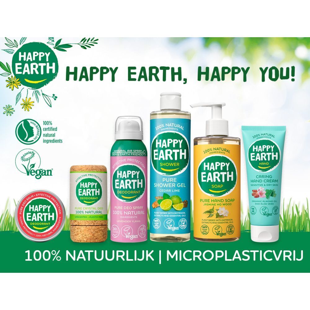 Gamme de produits Happy Earth. Déodorant, gel douche, savon, crème pour les mains. Vert, jaune, bleu, blanc. Inscription: 100% naturel.