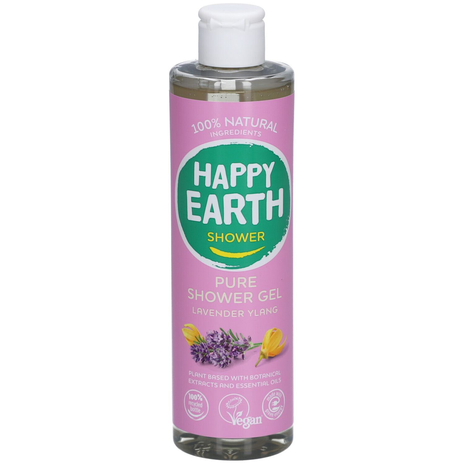 Flacon de gel douche avec bouchon blanc. Étiquette avec 'Happy Earth Shower' et 'Pure Shower Gel Lavande Ylang'.