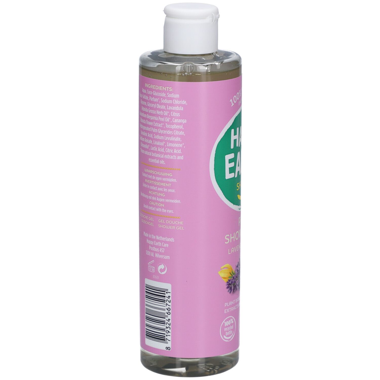 Dos du flacon de gel douche. Contient des ingrédients et d'autres informations.