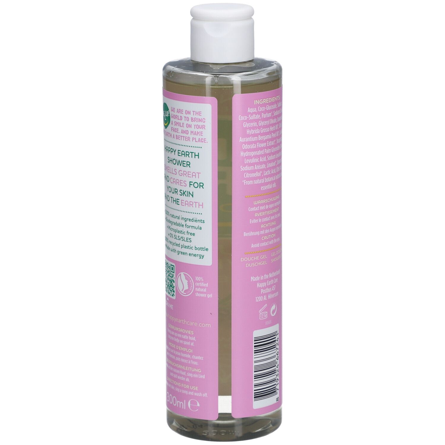 Dos du flacon de gel douche. Contient des informations et un code QR.