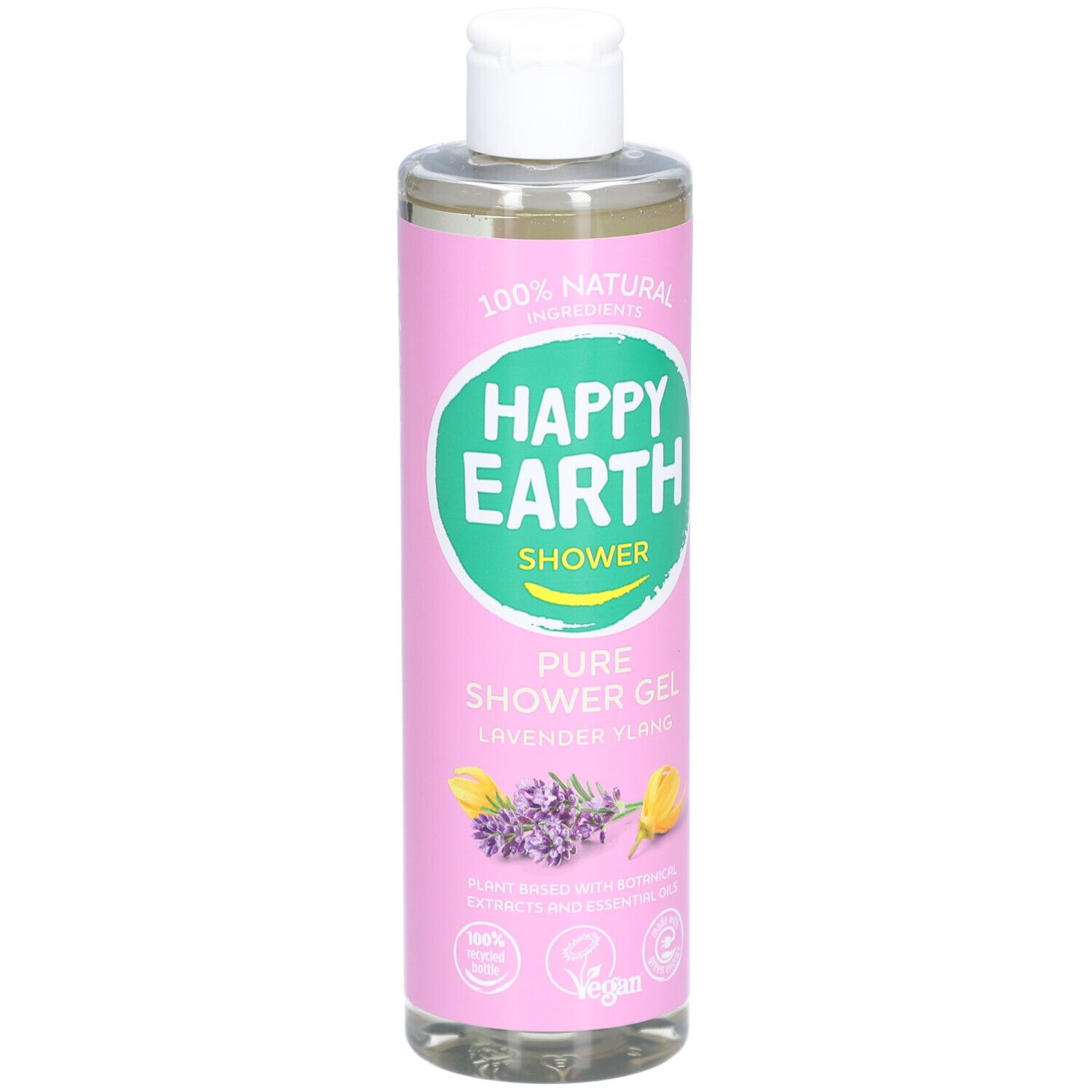 Flacon de gel douche avec bouchon blanc. Étiquette avec 'Happy Earth Shower' et 'Pure Shower Gel Lavande Ylang'.