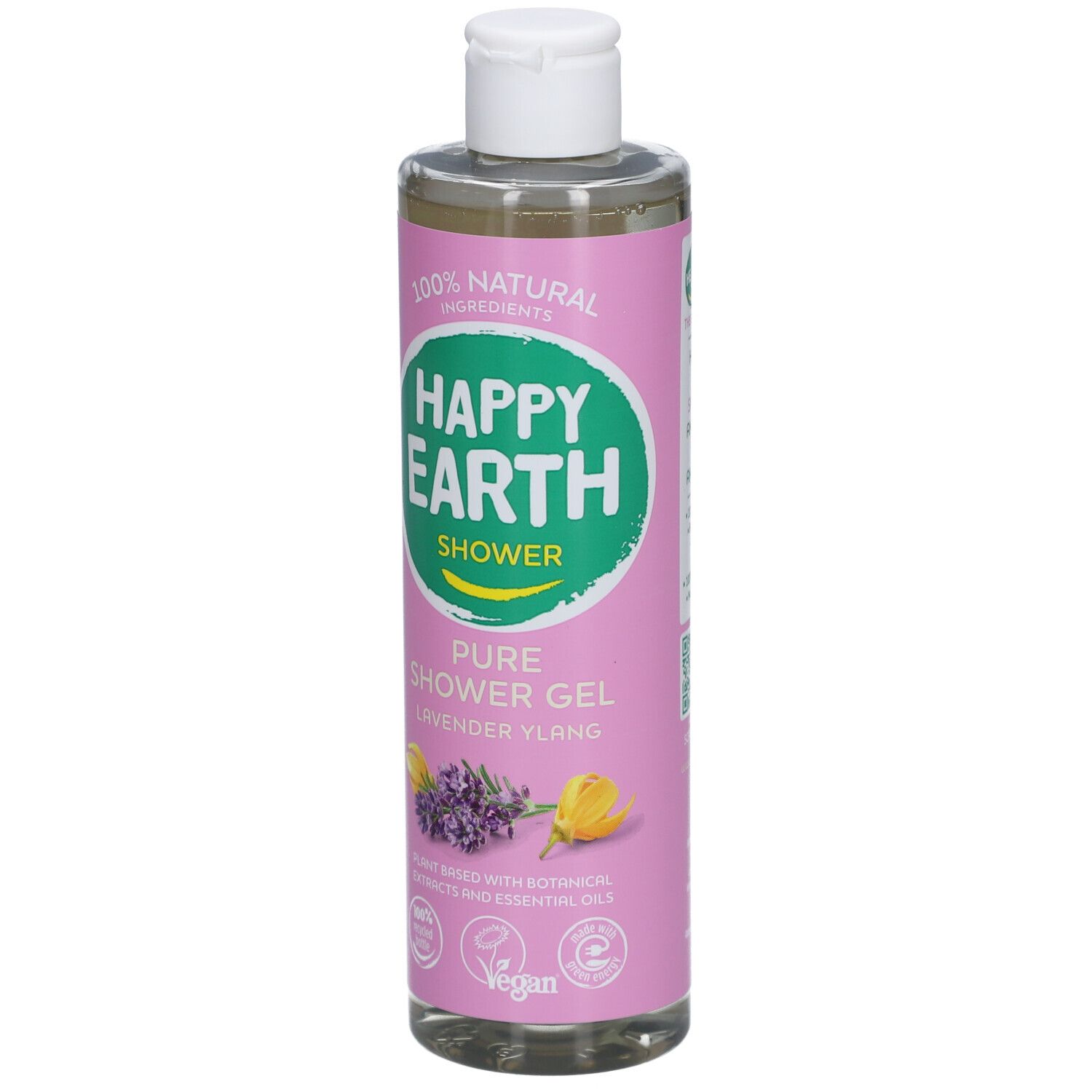 Flacon de gel douche avec bouchon blanc. Étiquette avec 'Happy Earth Shower' et 'Pure Shower Gel Lavande Ylang'.