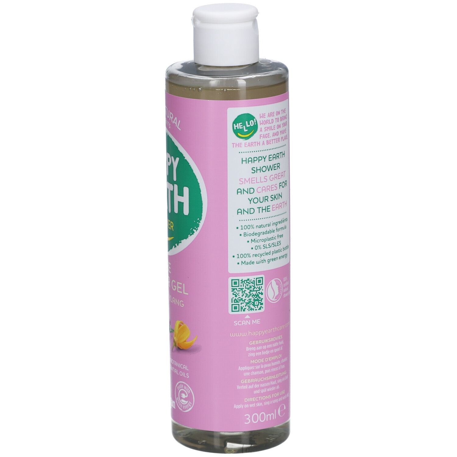 Dos du flacon de gel douche. Contient des informations et un code QR.