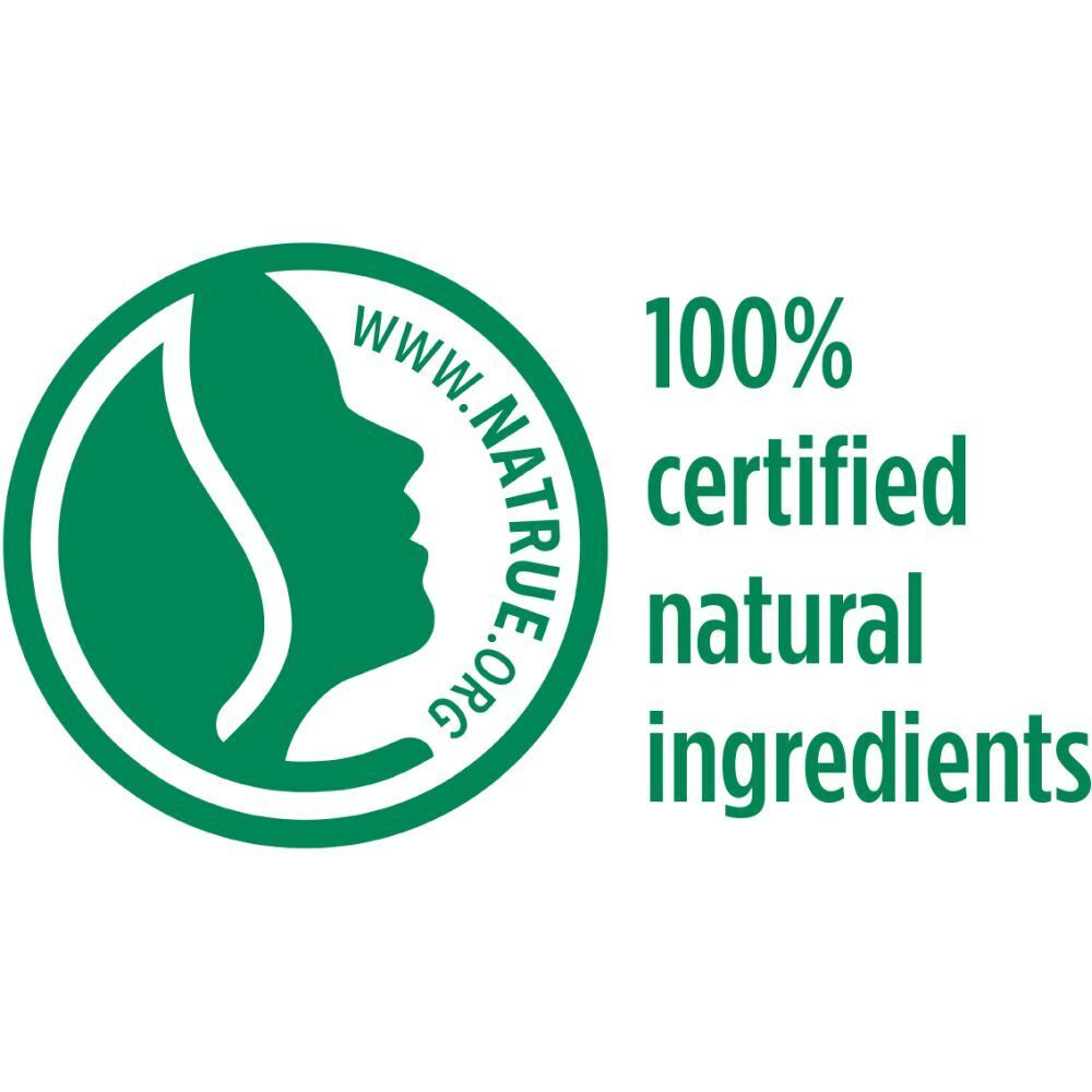 Logo vert avec texte '100% certified natural ingredients' et un profil.