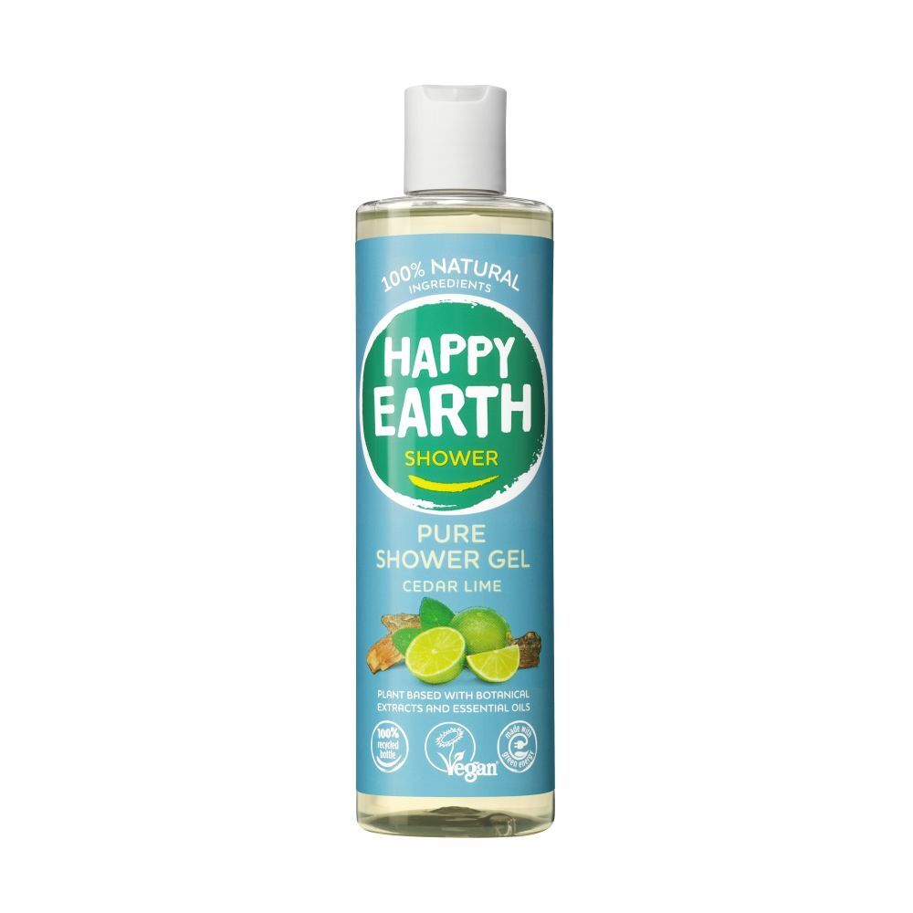 Gel douche transparent en bouteille cylindrique. Inscription : Happy Earth Shower, Cèdre & Citron Vert. Label Vegan.