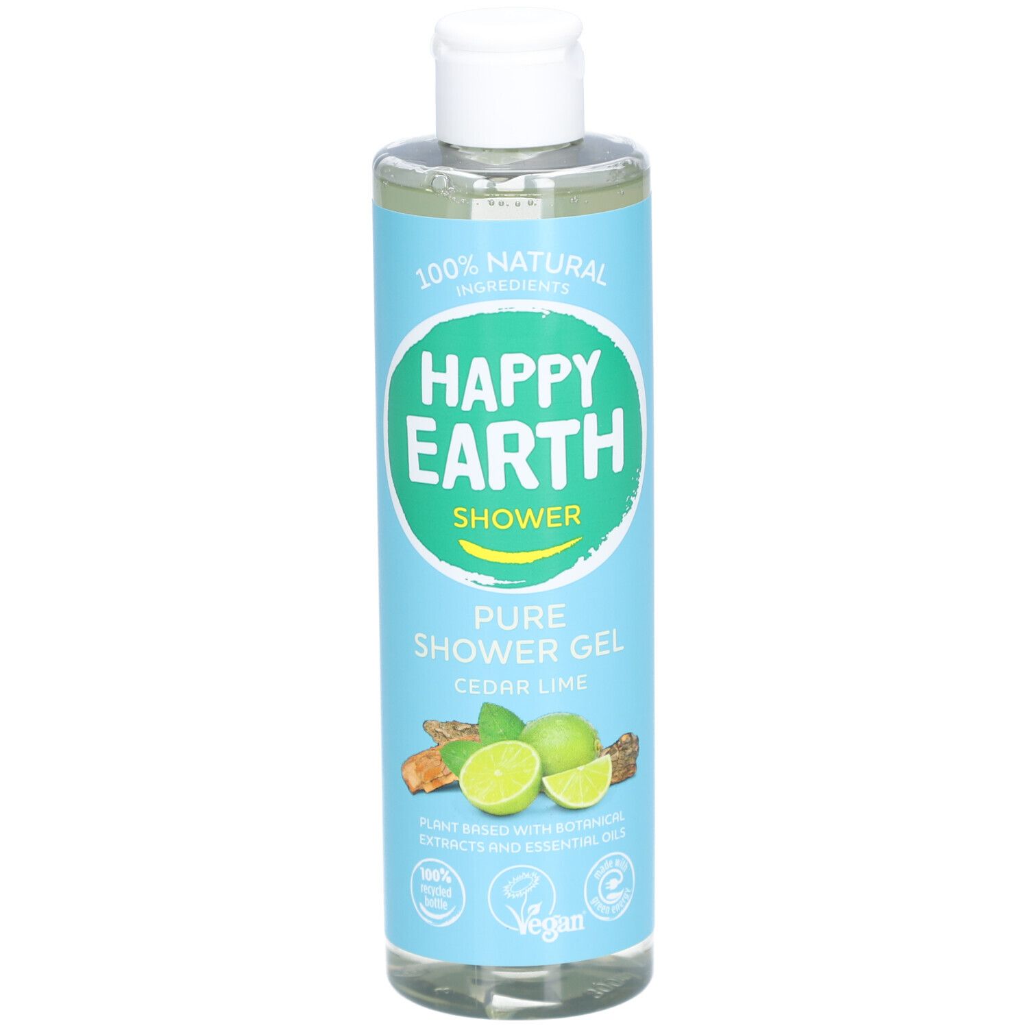 Bouteille cylindrique de gel douche. Inscription : Happy Earth Shower, Cèdre & Citron Vert. Label végan. Illustration de citrons verts et gingembre.