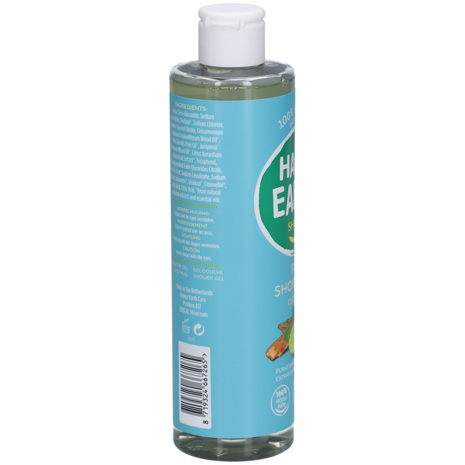 Dos de la bouteille de gel douche. Liste des ingrédients, code-barres, informations de fabrication.