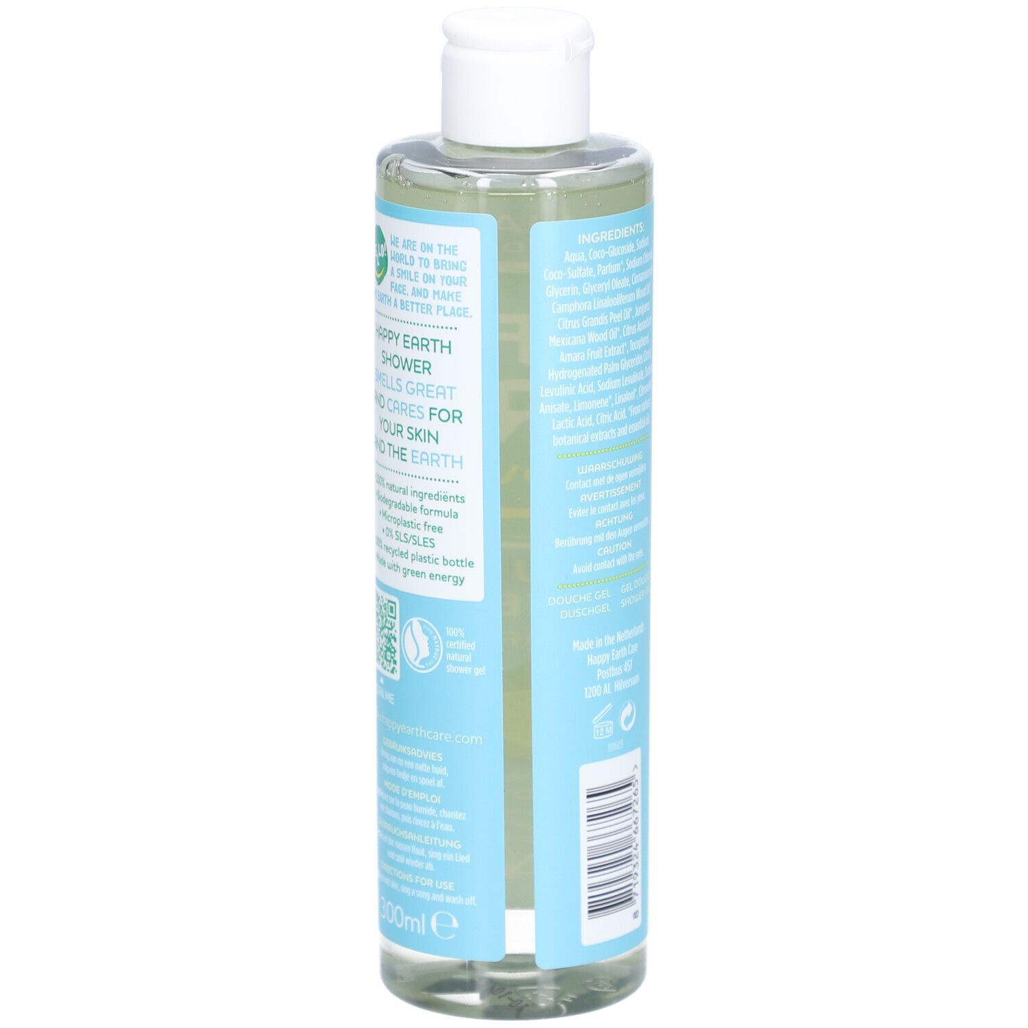 Dos de la bouteille de gel douche. Texte sur le produit, ingrédients, code-barres, 100ml.