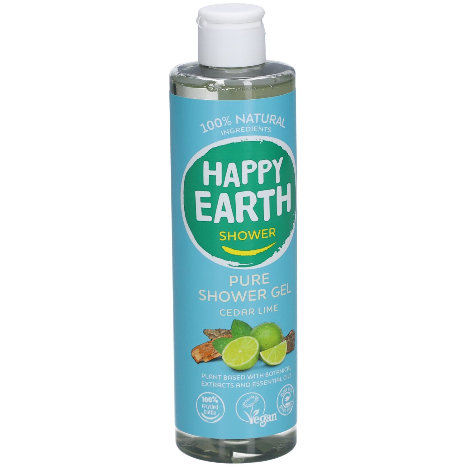 Bouteille cylindrique de gel douche. Inscription : Happy Earth Shower, Cèdre & Citron Vert. Label végan. Illustration de citrons verts et gingembre.