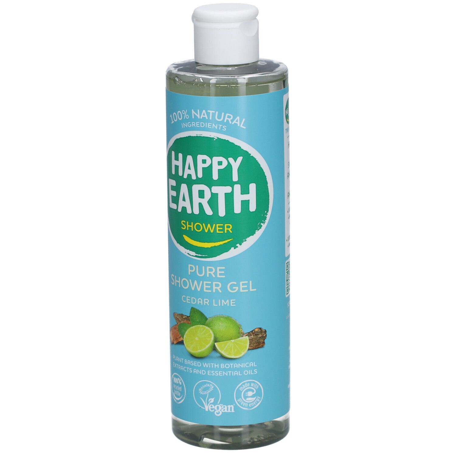 Bouteille cylindrique de gel douche. Inscription : Happy Earth Shower, Cèdre & Citron Vert. Label végan. Illustration de citrons verts et gingembre.