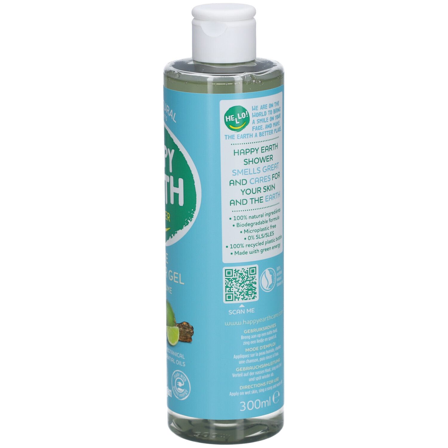 Dos de la bouteille de gel douche. Texte, code QR, 300ml. Label végan.