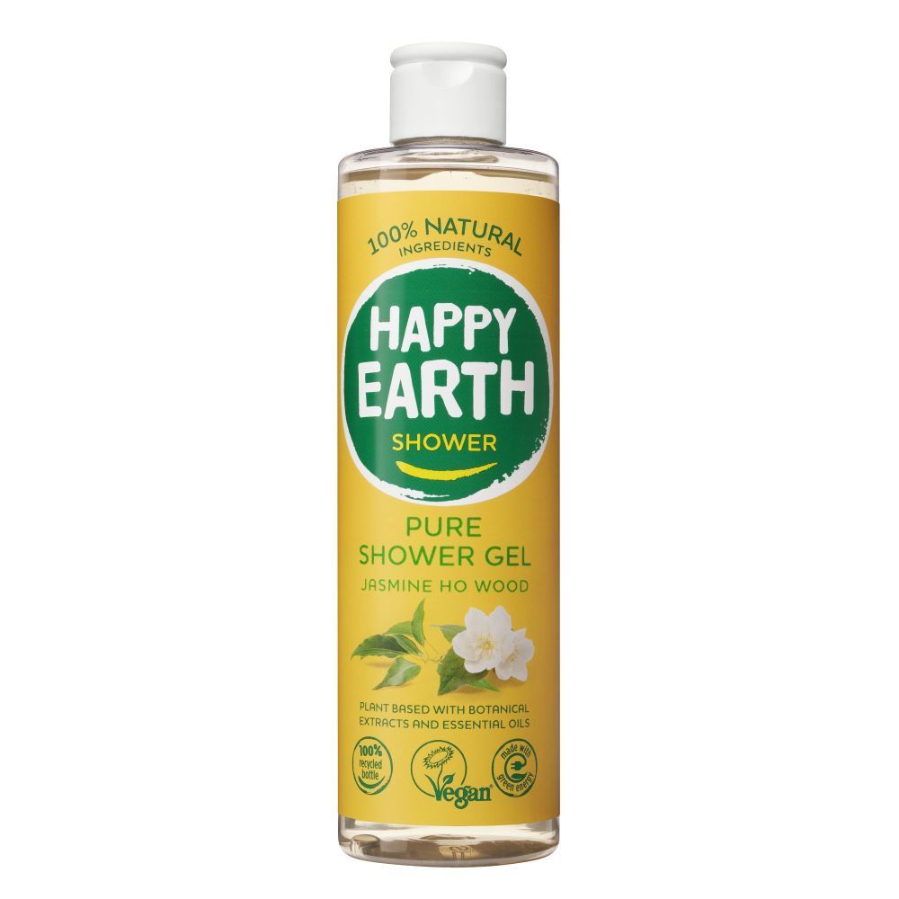 Flacon jaune avec bouchon blanc. Inscription: Happy Earth Shower, Pure Shower Gel Jasmine & Ho Wood. Logo Vegan.