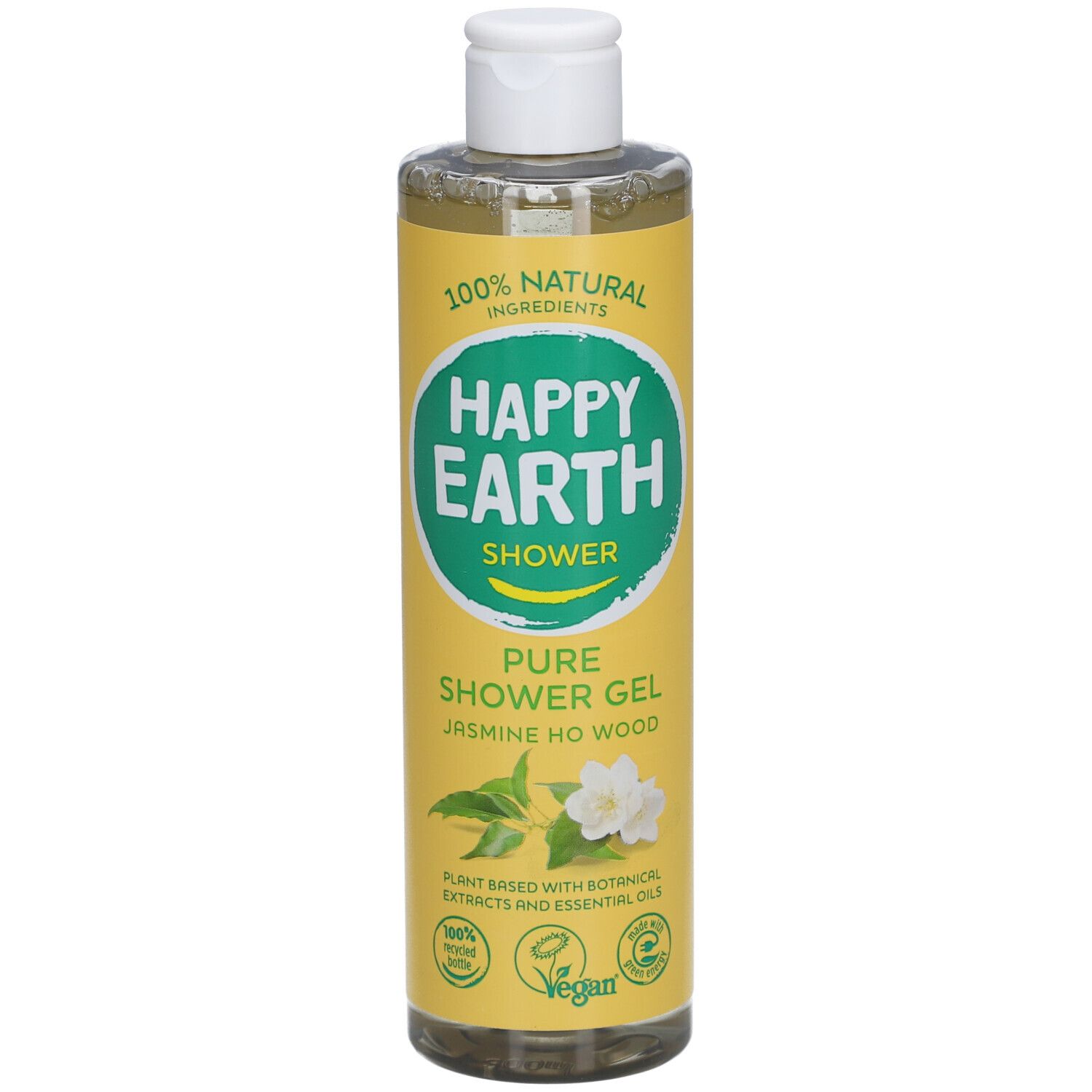 Flacon jaune avec bouchon blanc. Inscription: Happy Earth Shower, Pure Shower Gel Jasmine & Ho Wood. Logo Vegan.