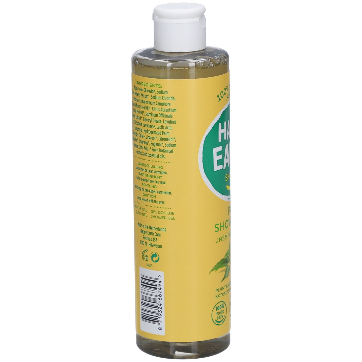 Dos du flacon jaune. Liste des ingrédients et informations.