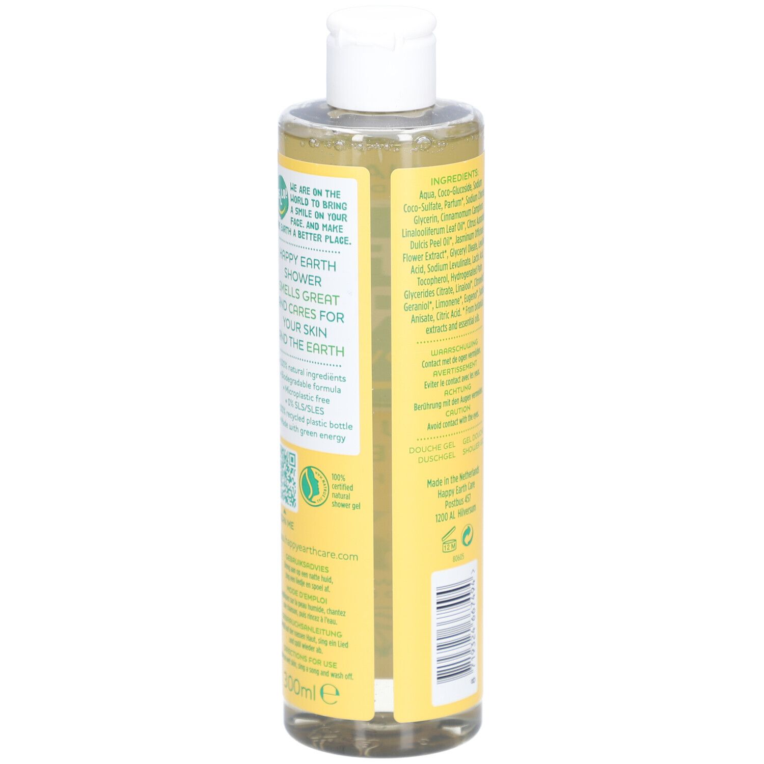 Dos du flacon jaune. Liste des ingrédients et informations.