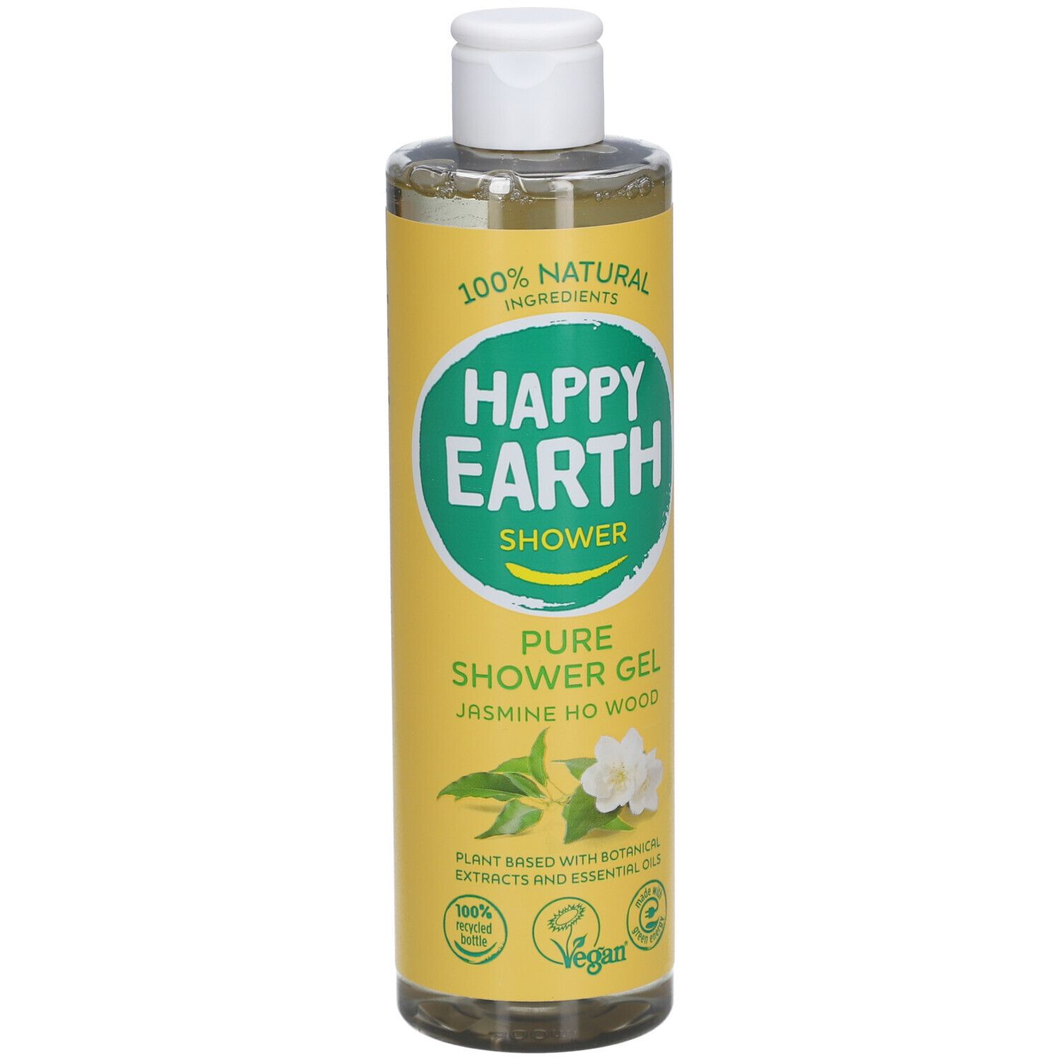 Flacon jaune avec bouchon blanc. Inscription: Happy Earth Shower, Pure Shower Gel Jasmine & Ho Wood. Logo Vegan.