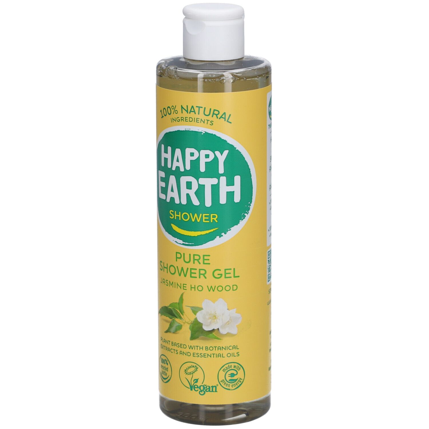 Flacon jaune avec bouchon blanc. Inscription: Happy Earth Shower, Pure Shower Gel Jasmine & Ho Wood. Logo Vegan.