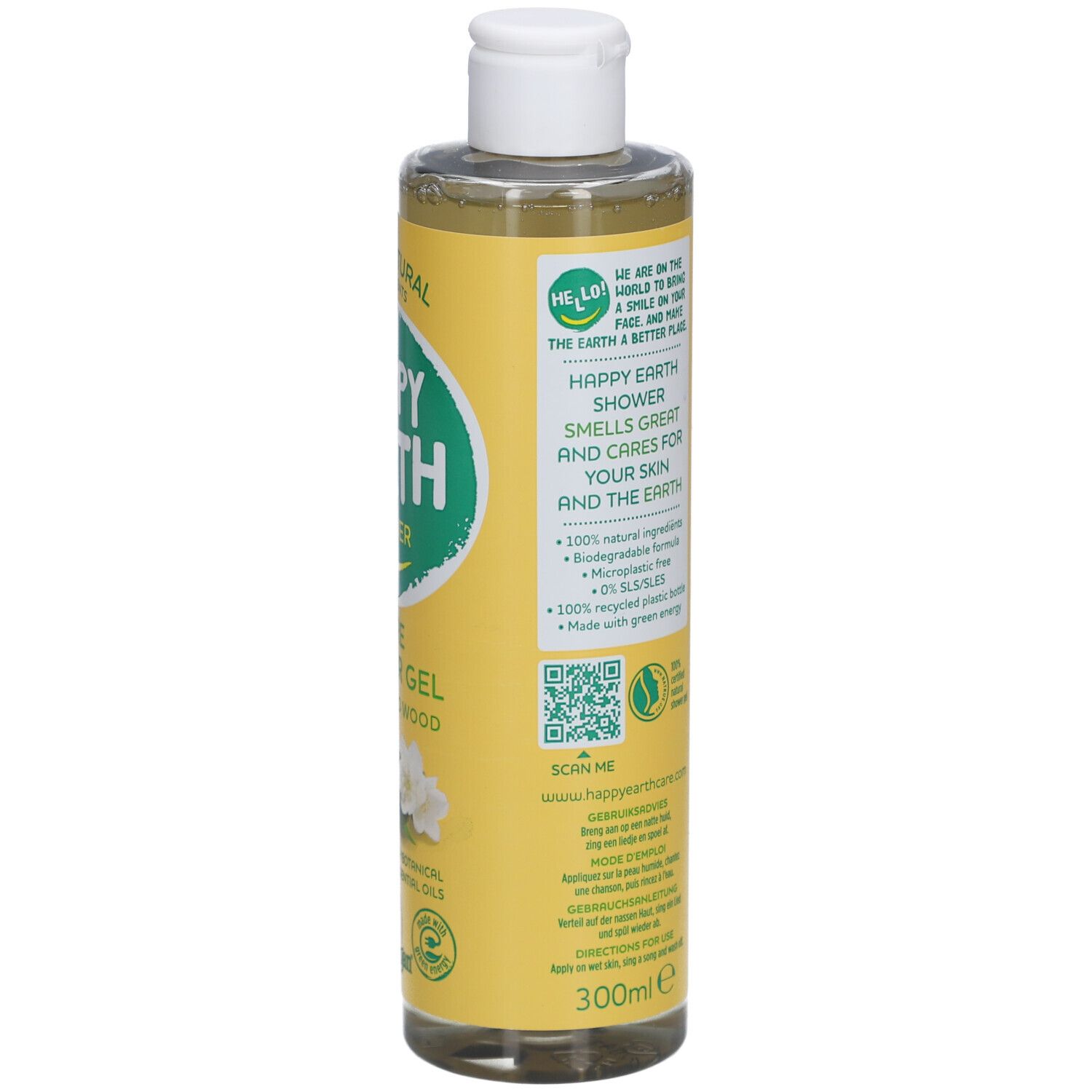 Dos du flacon jaune. Texte et logos, dont Vegan et 300ml.