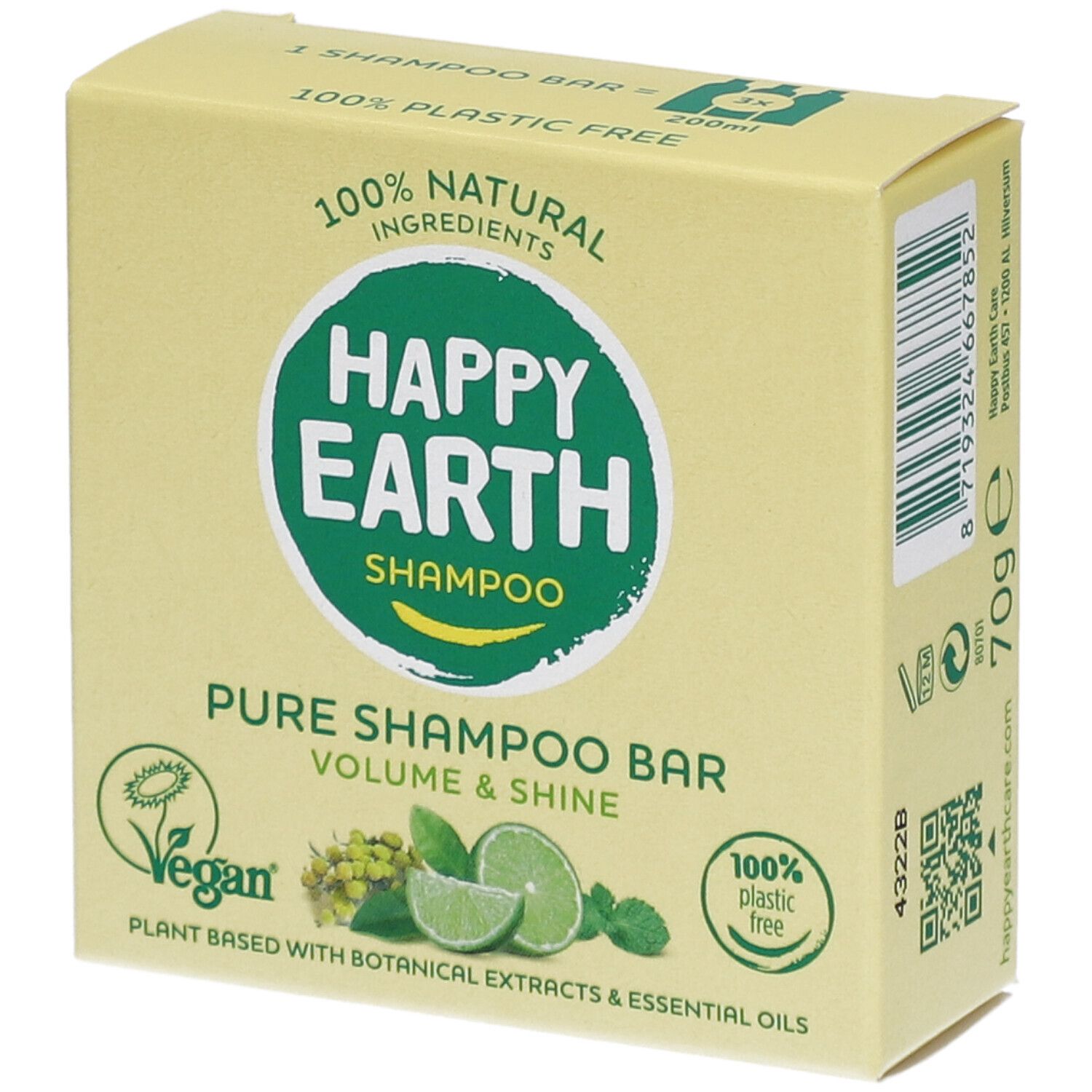 Emballage jaune. Inscription: HAPPY EARTH SHAMPOO, Pure Shampoo Bar, Vegan.