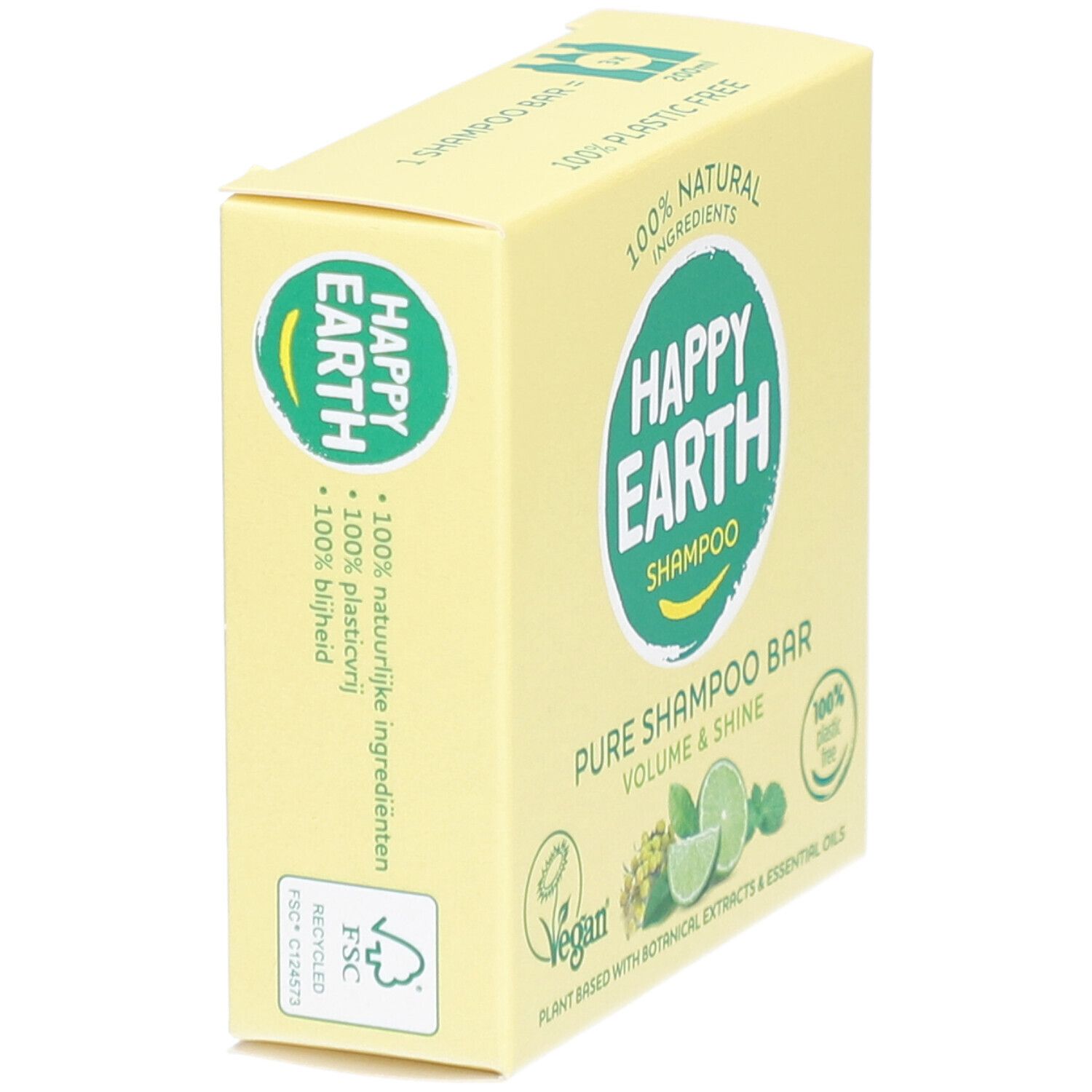 Emballage jaune. Inscription: HAPPY EARTH SHAMPOO, Pure Shampoo Bar, Vegan.