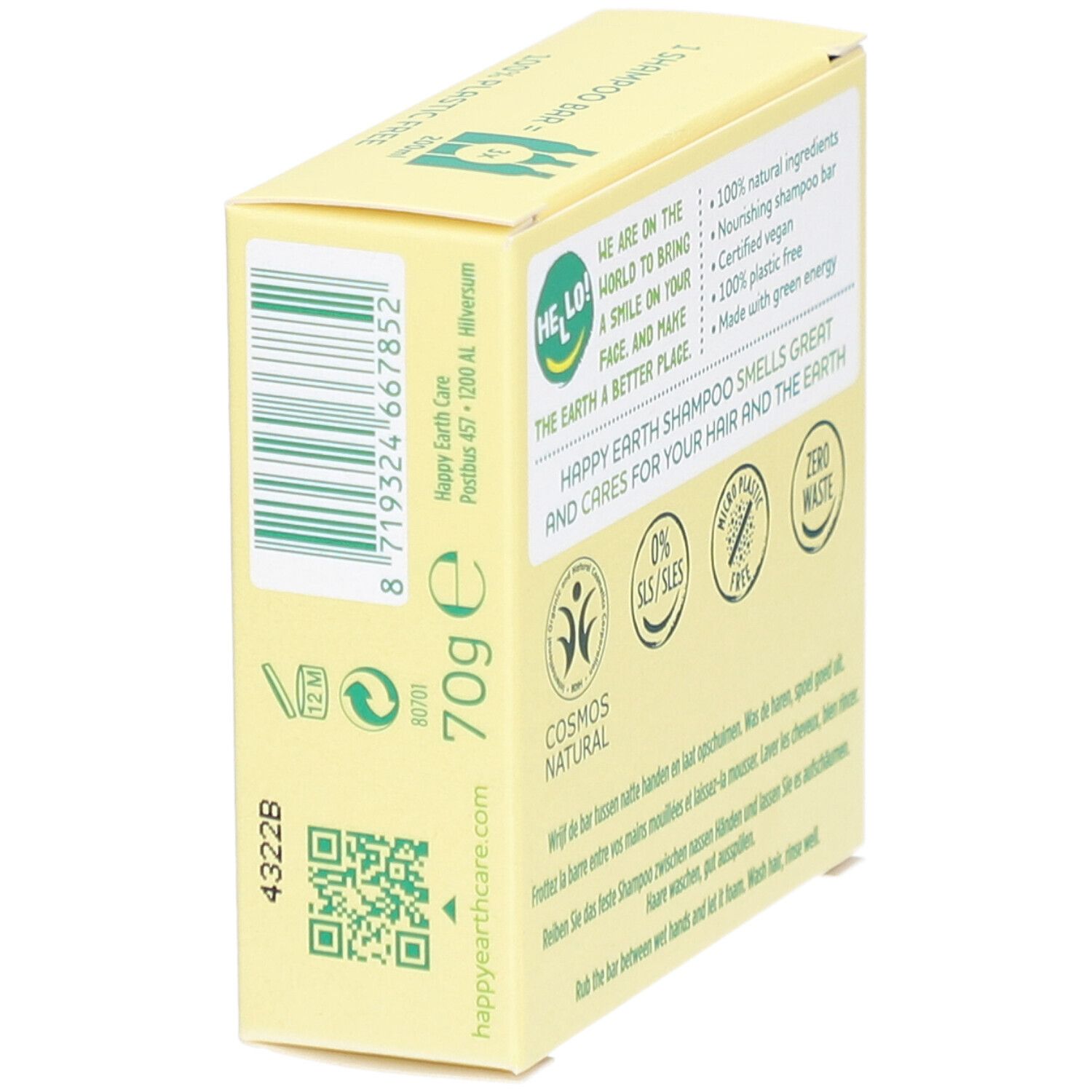 Vue latérale de l'emballage. Inscription: HAPPY EARTH SHAMPOO, 70g.