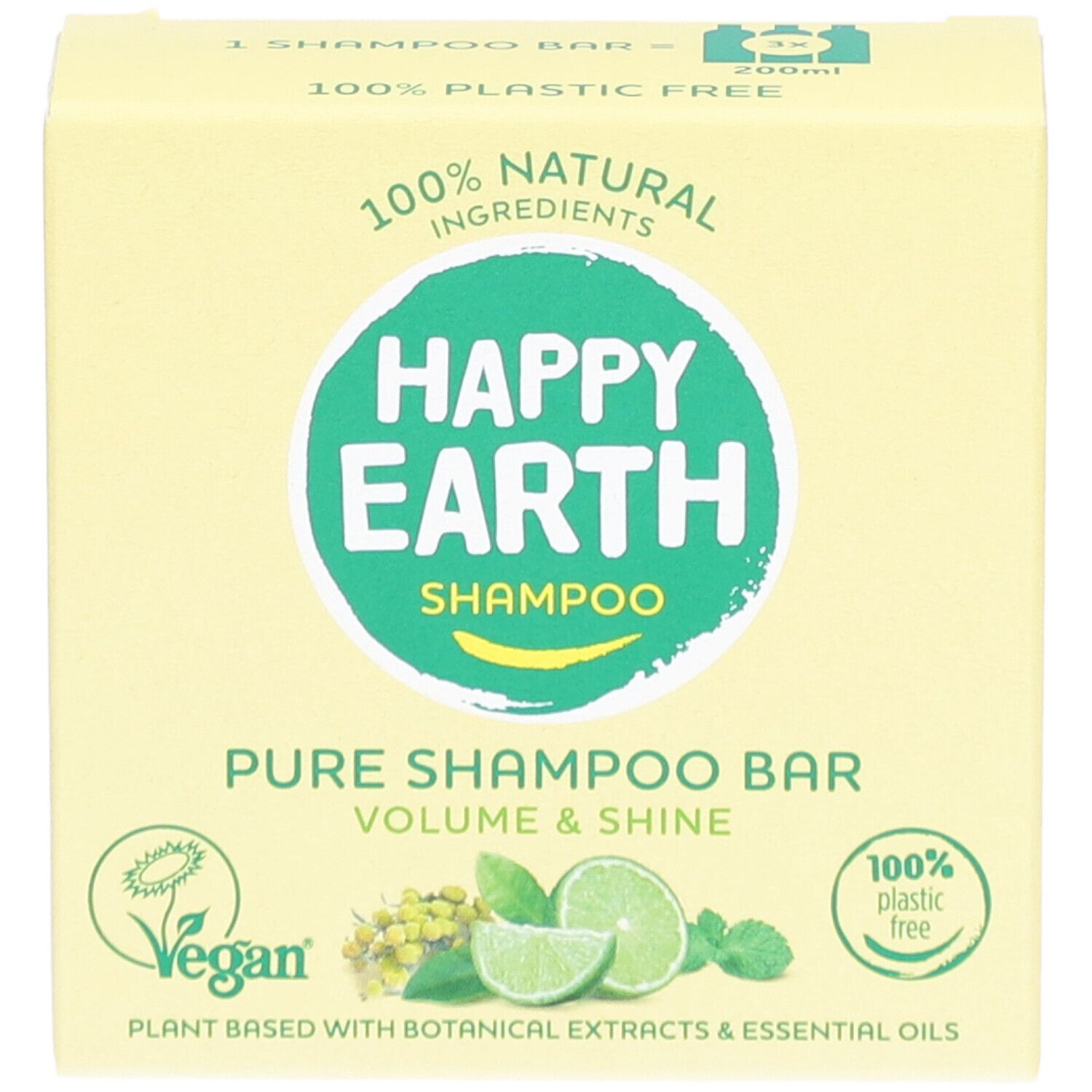 Emballage jaune. Inscription: HAPPY EARTH SHAMPOO, Pure Shampoo Bar, Vegan.