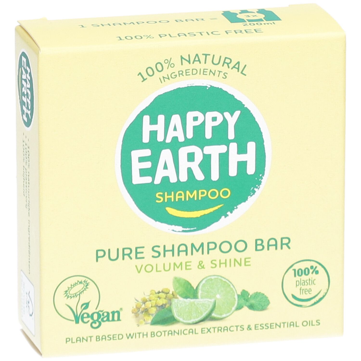 Emballage jaune. Inscription: HAPPY EARTH SHAMPOO, Pure Shampoo Bar, Vegan.