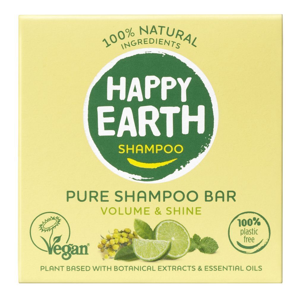 Emballage jaune. Inscription: HAPPY EARTH SHAMPOO, Pure Shampoo Bar, Vegan.